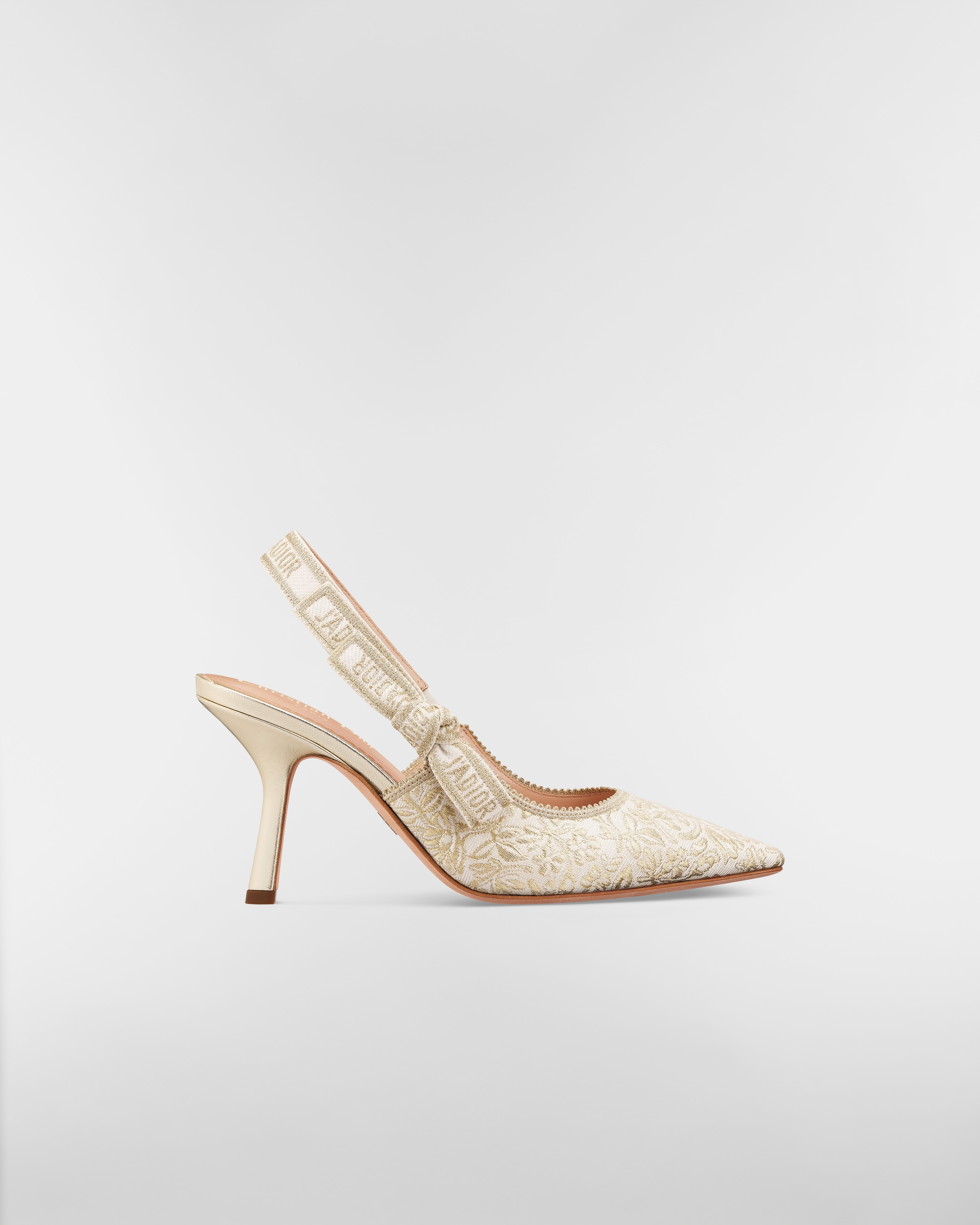 J'Adior Slingback Pump White Cotton Embroidered with Millefiori Motif in Gold-Tone Metallic Thread E02