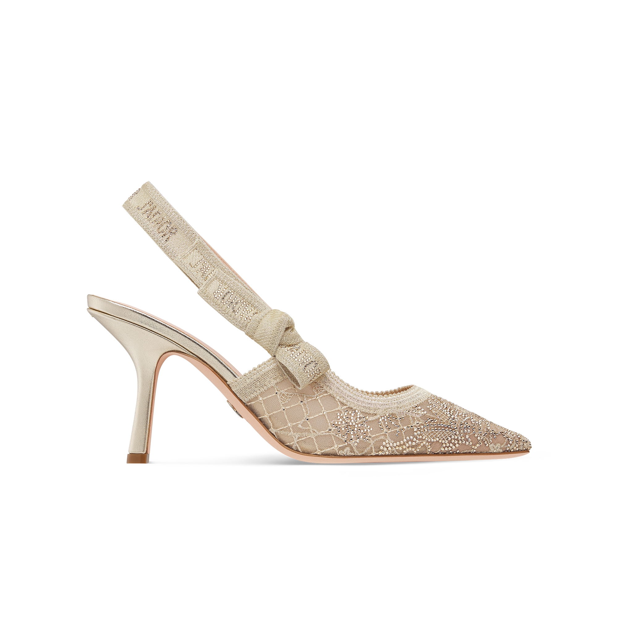 J'Adior Slingback Pump Transparent Mesh Embroidered with Millefiori Motif in Gold-Tone Strass E02