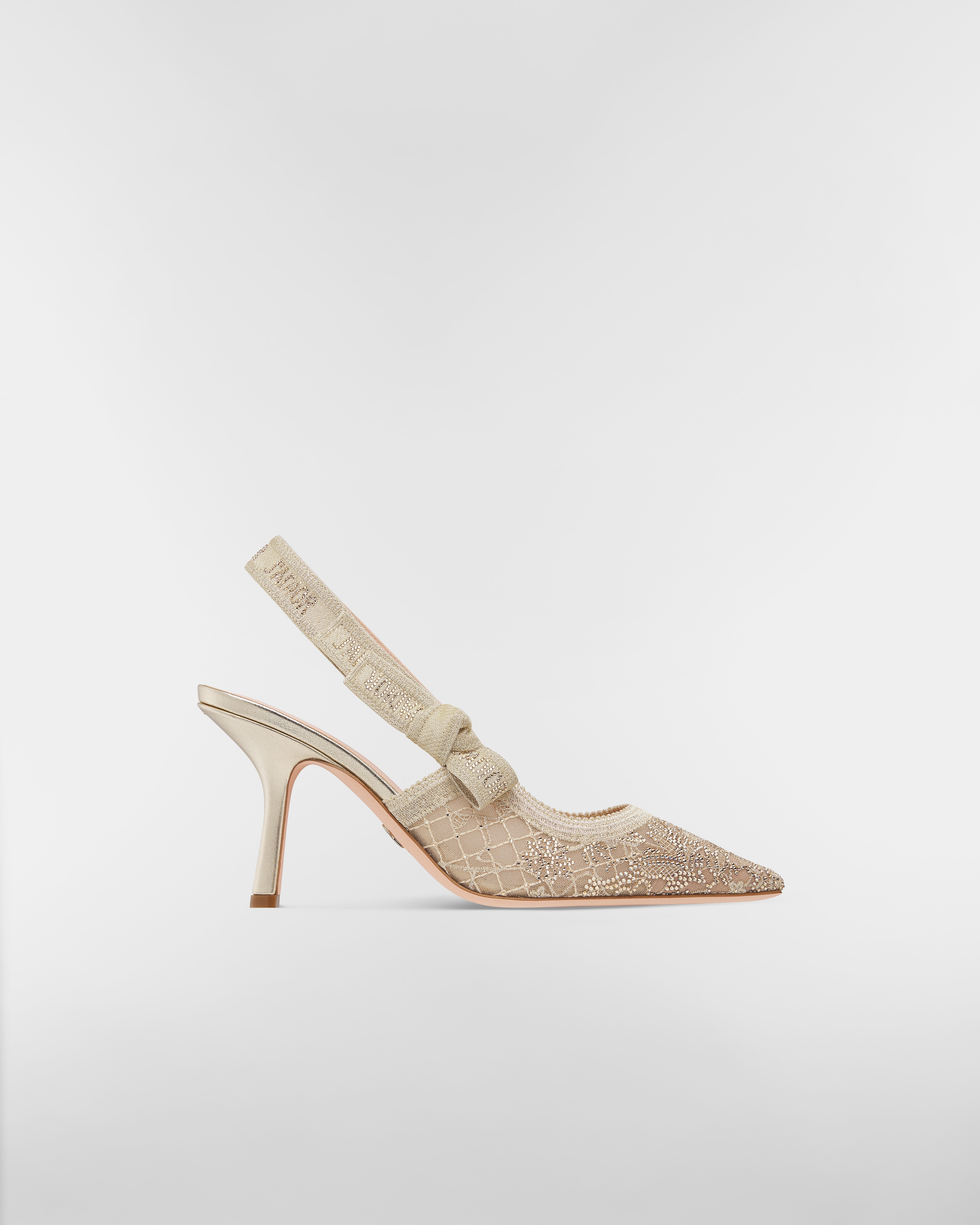 Escarpin slingback J'Adior Résille transparente brodée du motif Millefiori en strass dorés E02