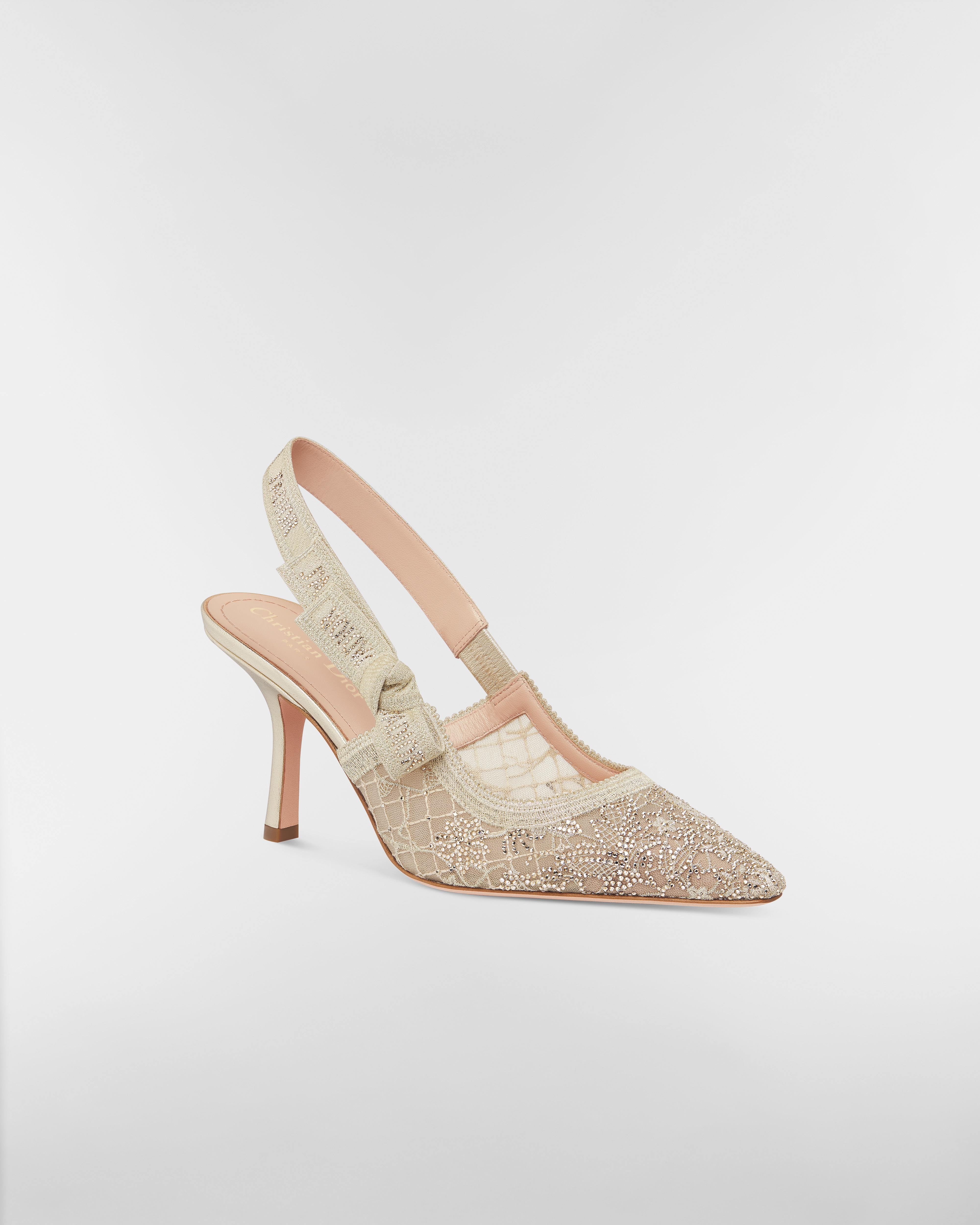 Escarpin slingback J'Adior Résille transparente brodée du motif Millefiori en strass dorés E03