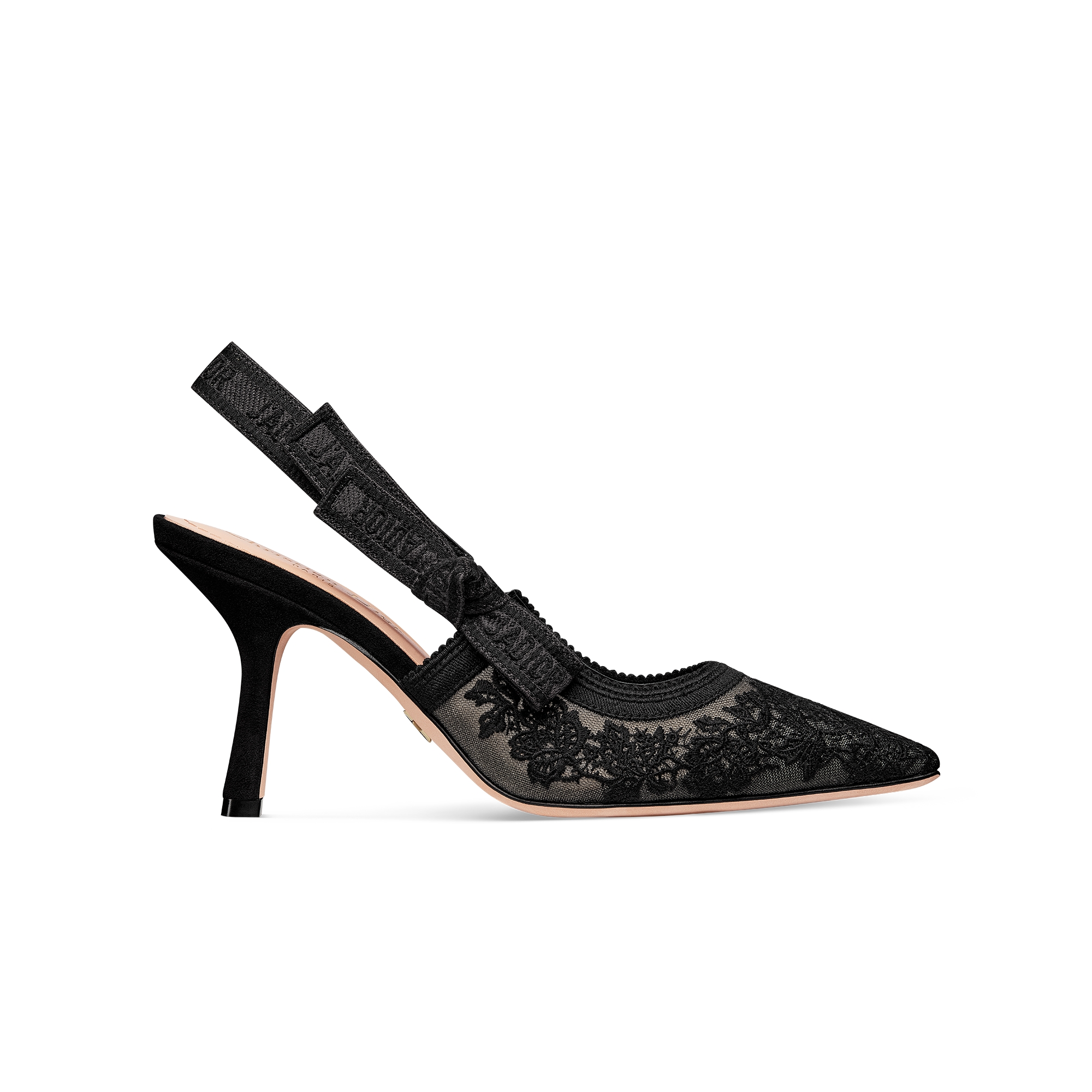 J'Adior Slingback Pump Transparent Mesh Embroidered with Black Roses E02