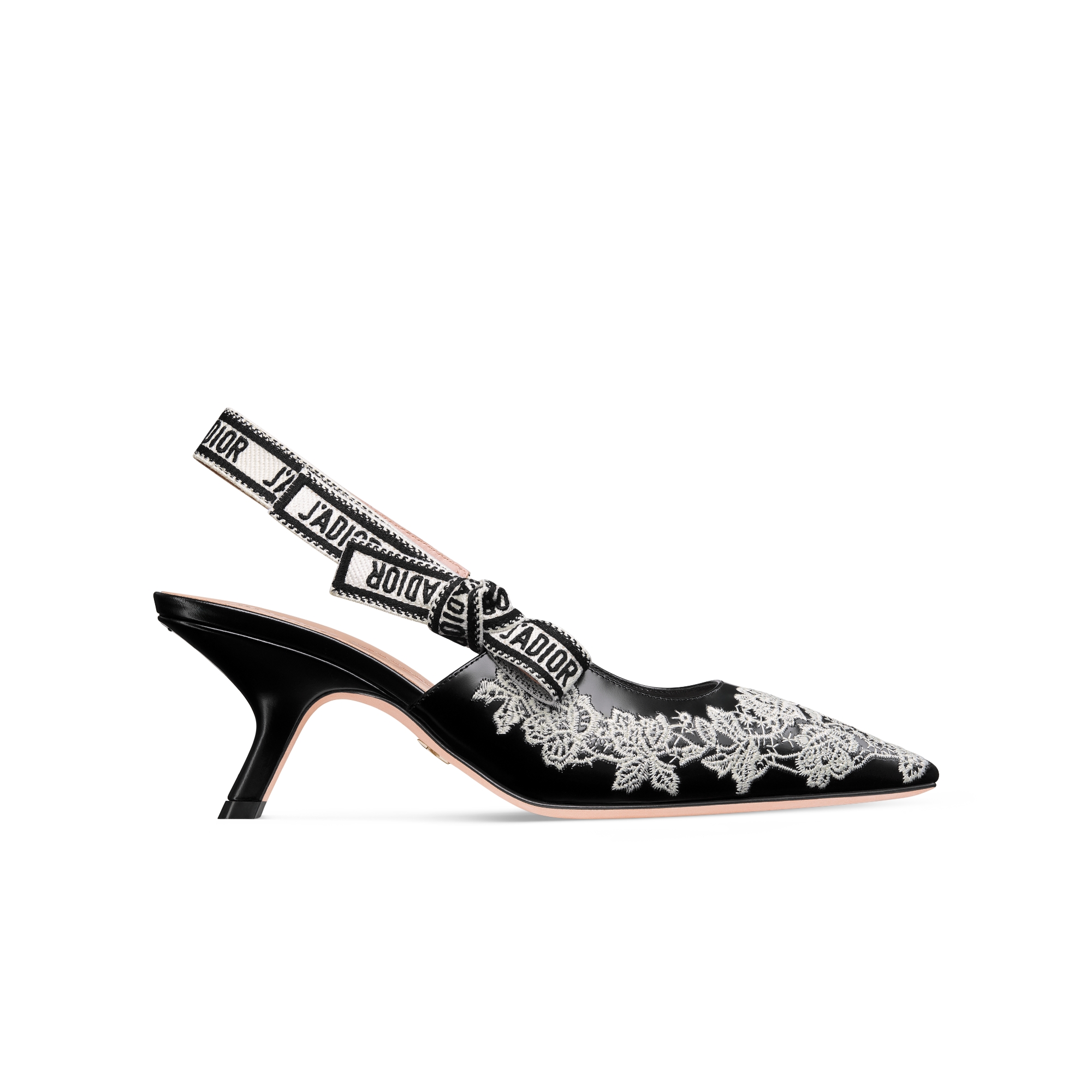 J'Adior Slingback Pump Black Calfskin Embroidered with White Roses
