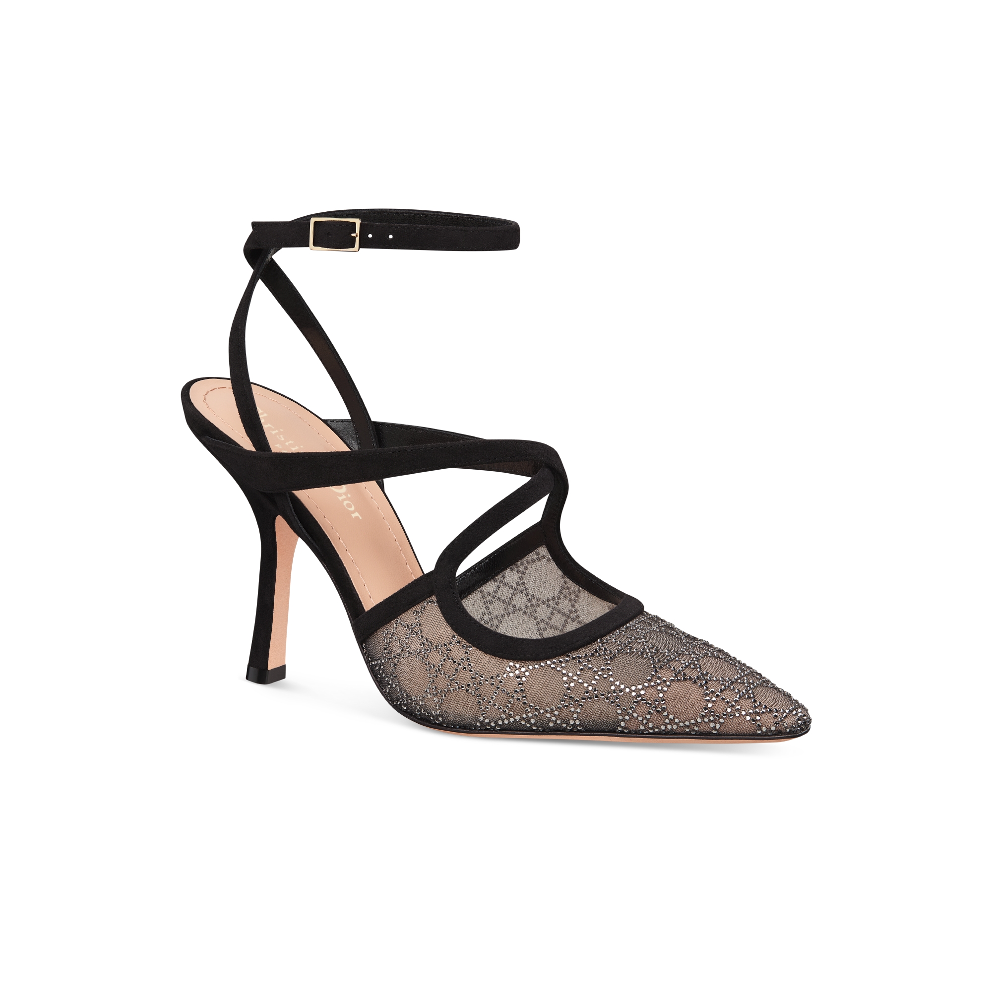 Dior Capture-pump Zwarte transparante mesh met Cannage-motief in zilverkleurig stras en zwarte geitensuède E03