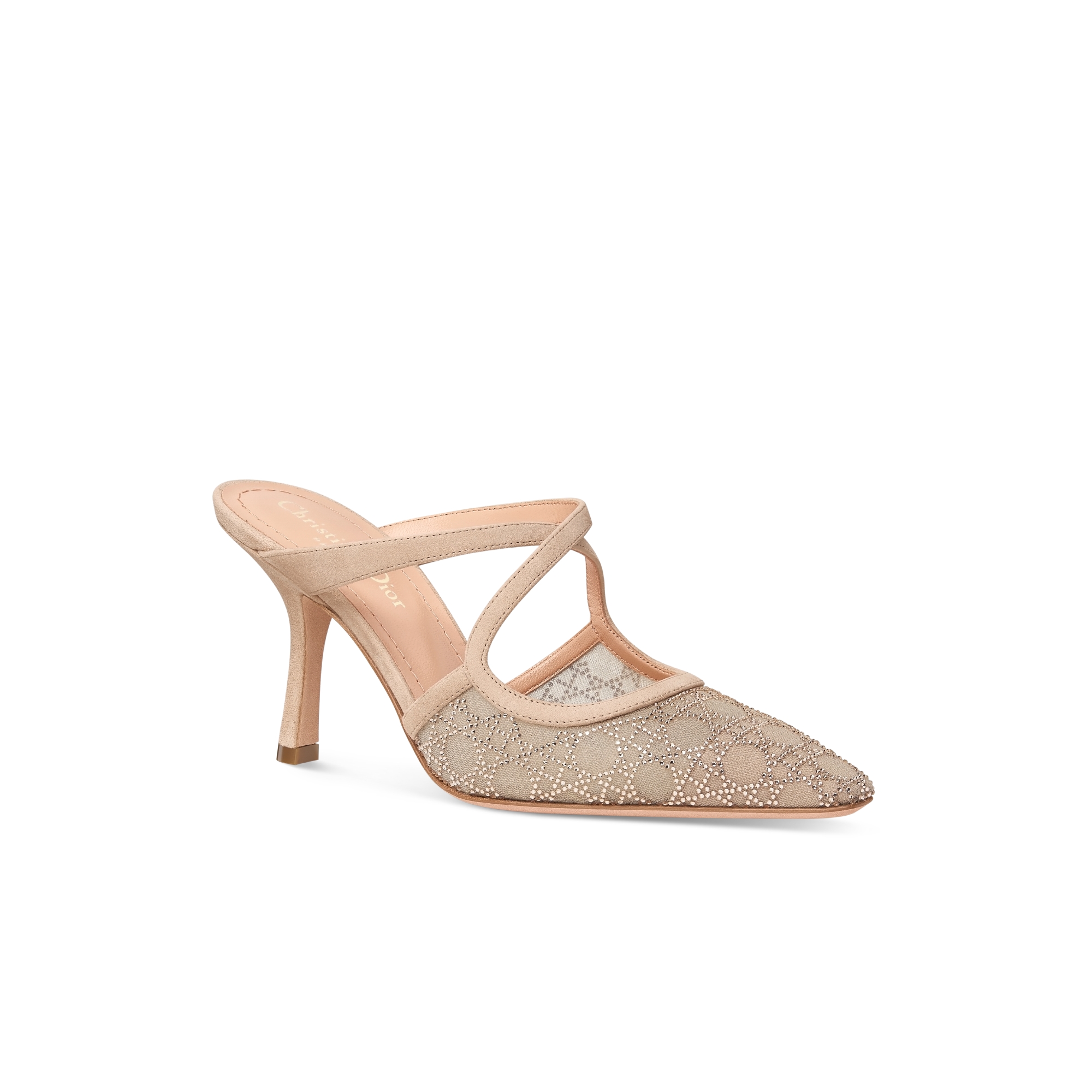 Dior Capture Heeled Mule Transparent Mesh with Strass Cannage Motif and Nude Suede Goatskin E03