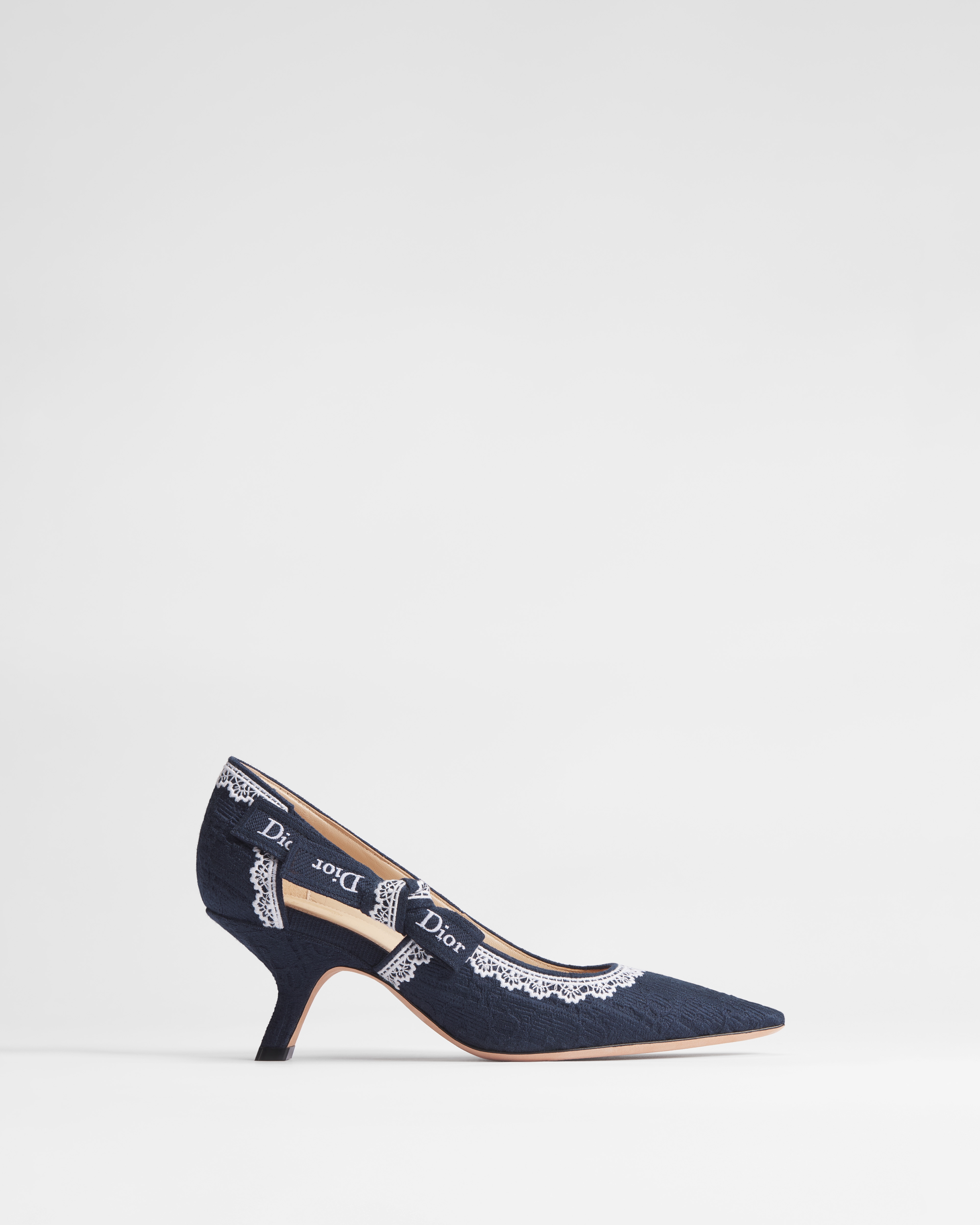 J'Adior Pump Blue Dior Oblique Embroidered Cotton and White Lace E02