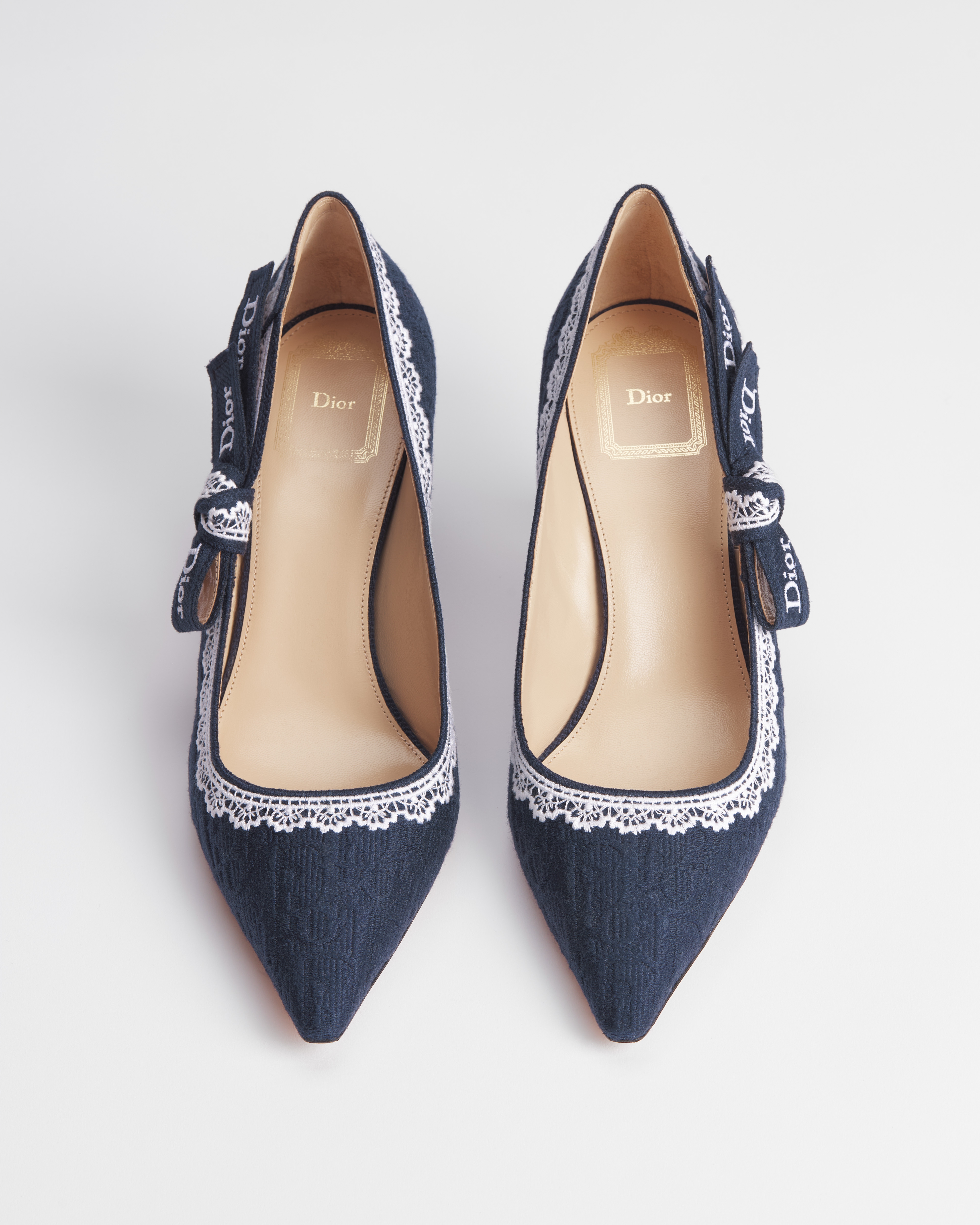 J'Adior Pump Blue Dior Oblique Embroidered Cotton and White Lace E06