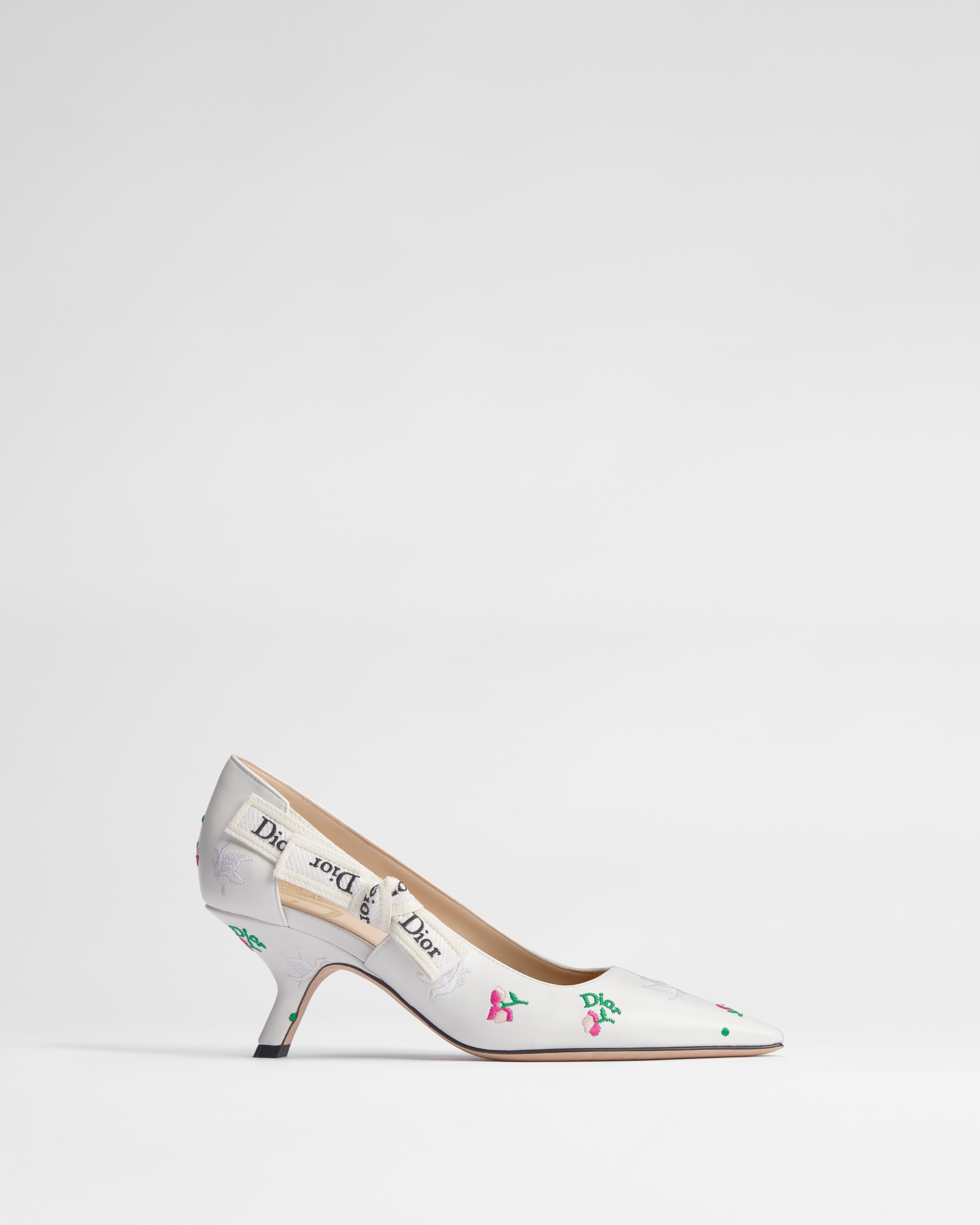 Dioramour J'Adior Pump White Lambskin Embroidered with Multicolor Doves & Roses Motif E02