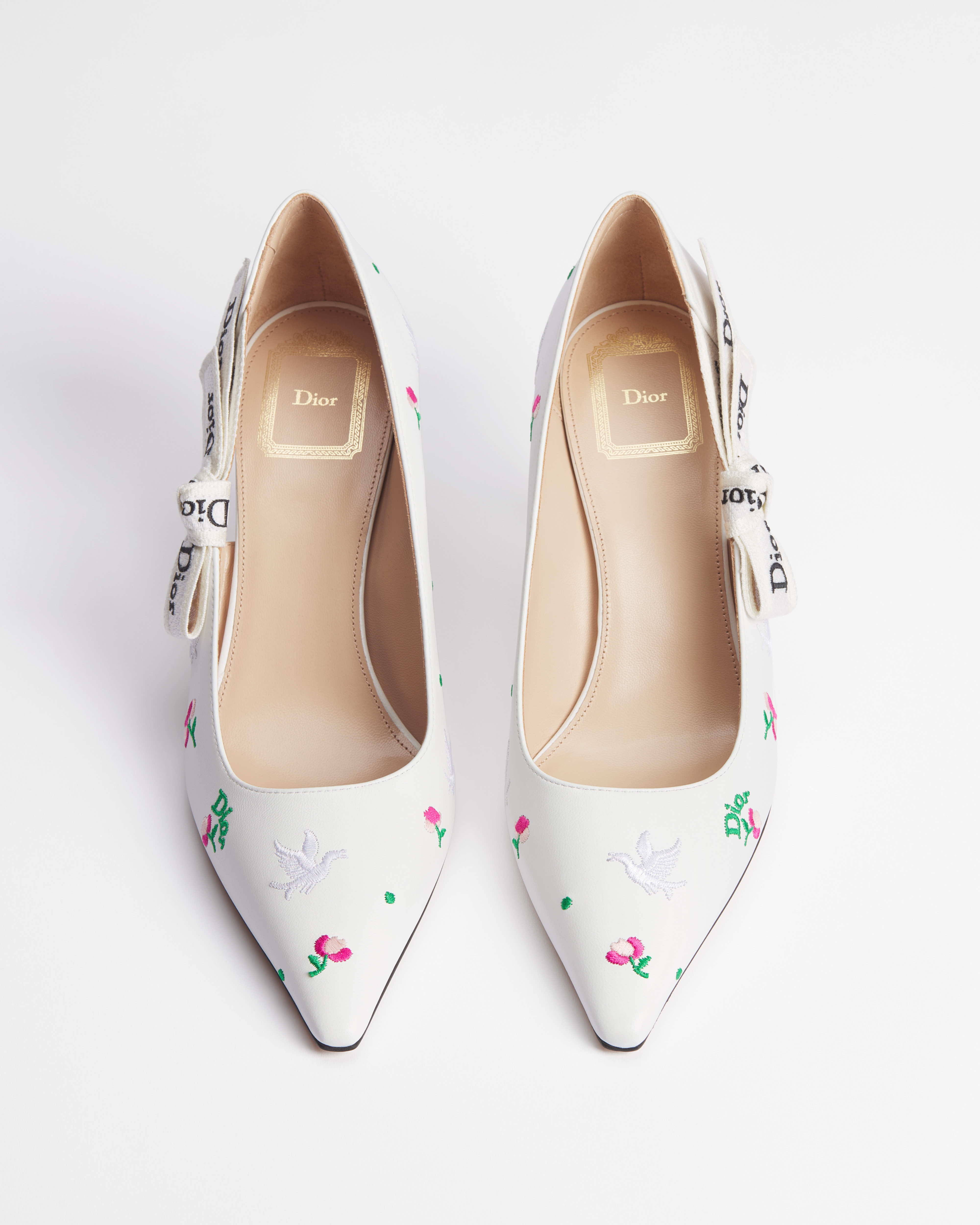 Dioramour J'Adior Pump White Lambskin Embroidered with Multicolor Doves & Roses Motif E06