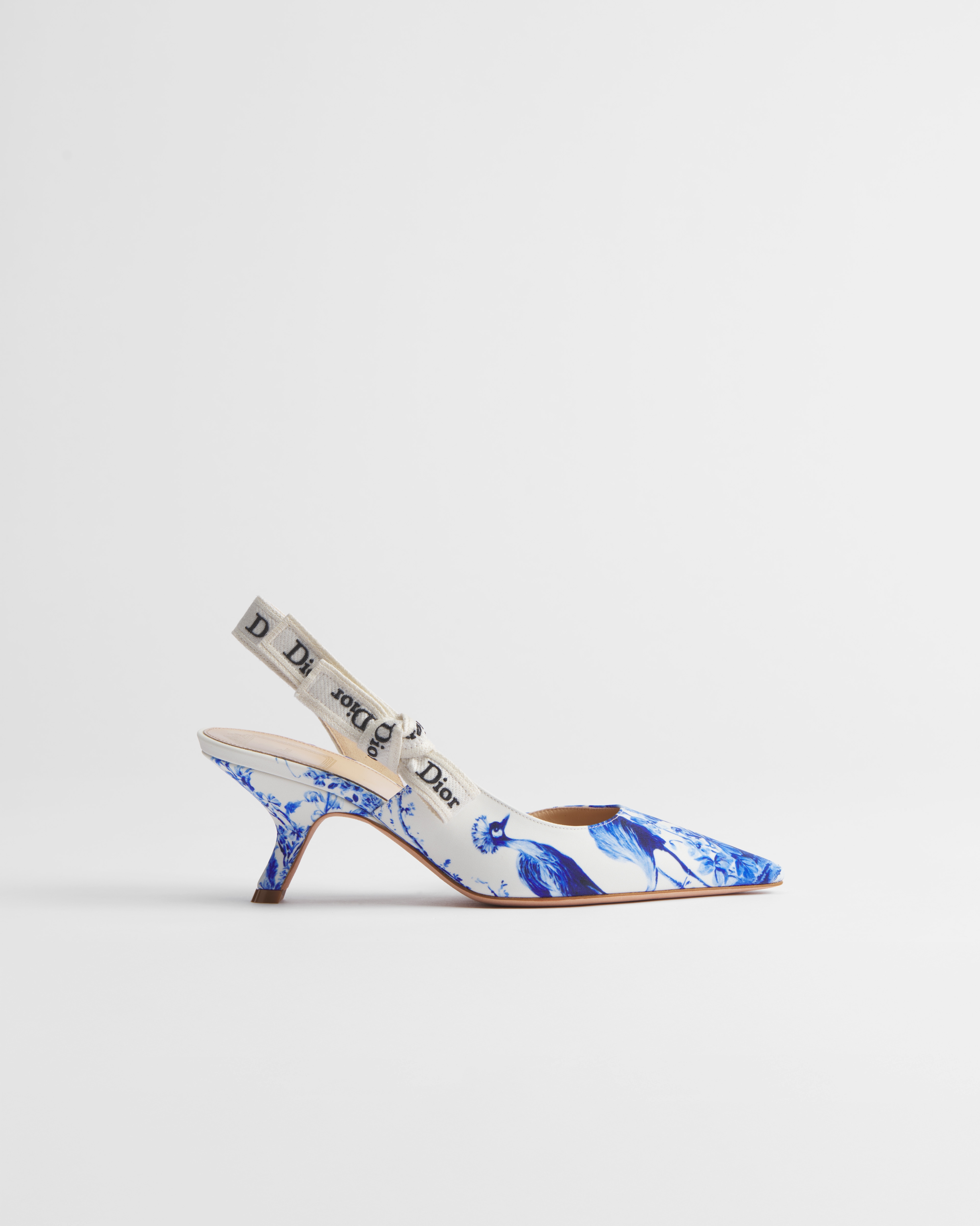 J'Adior Slingback Pump White and Blue Toile de Jouy Floral Garden Printed Technical Fabric E02