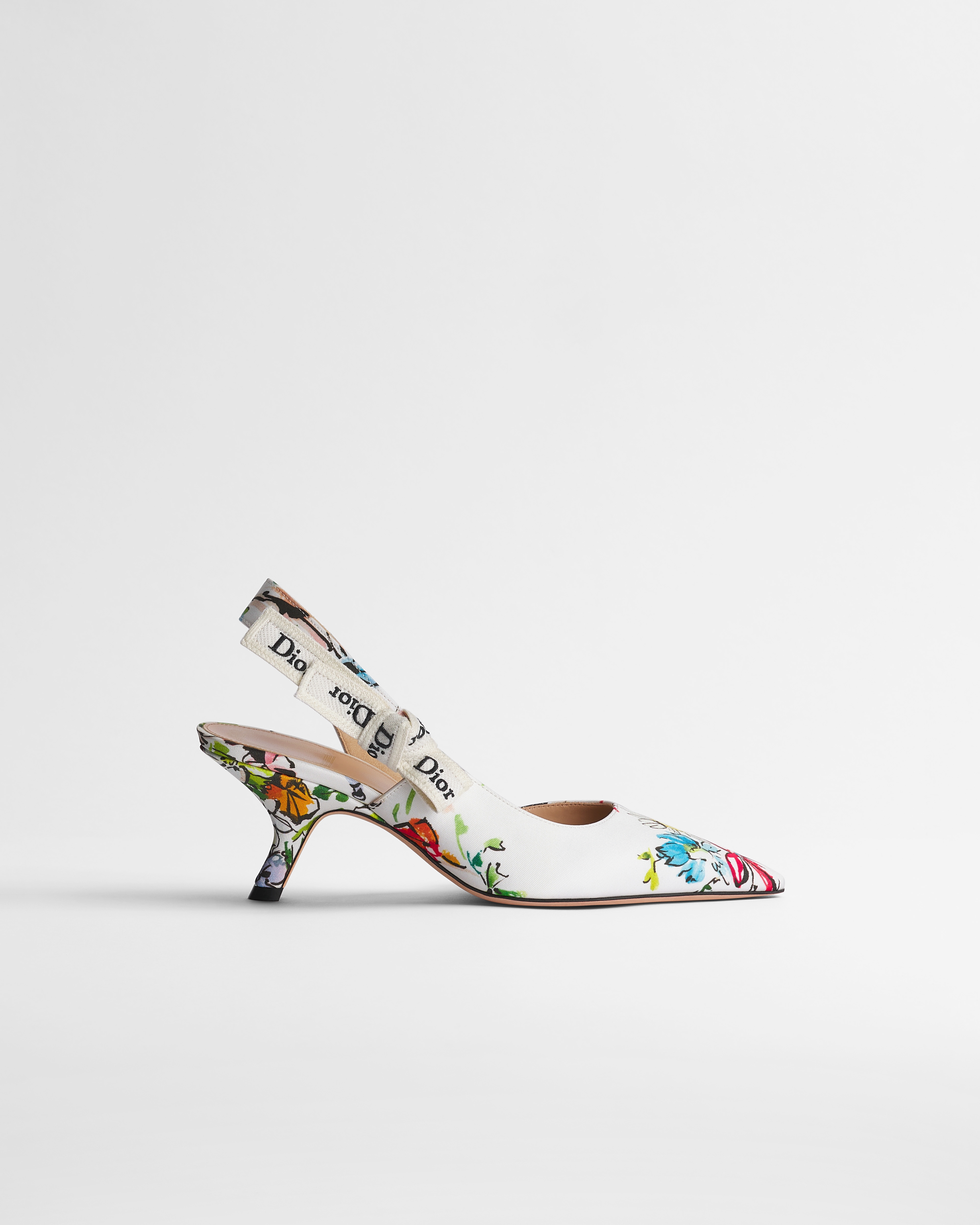 Scarpin slingback Dioriviera J'Adior Twill técnico branco com motivo Dior Arabesque multicolorido E02
