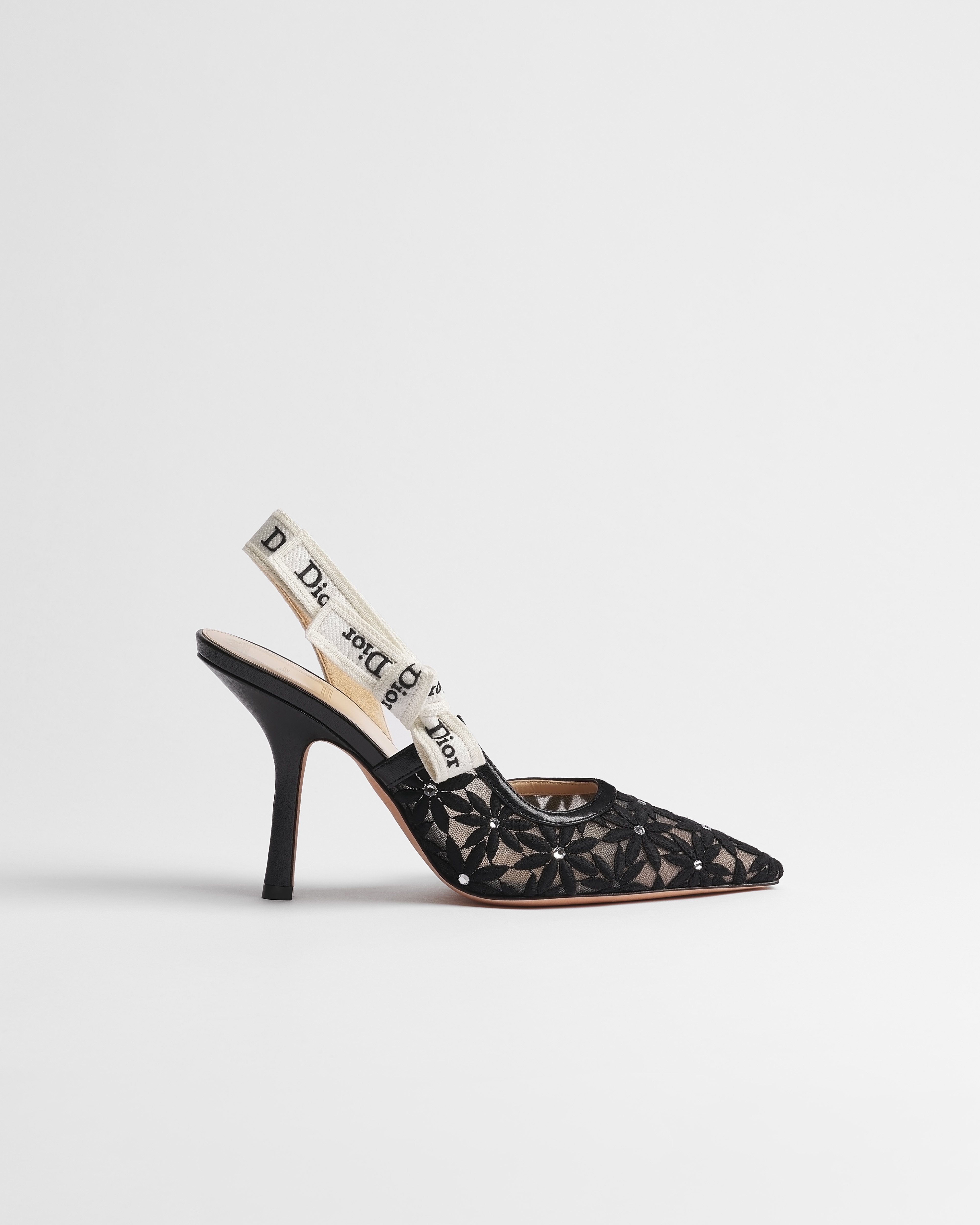 J'Adior Slingback Pump Black Dior Daisy Embroidered Lace and Strass E02