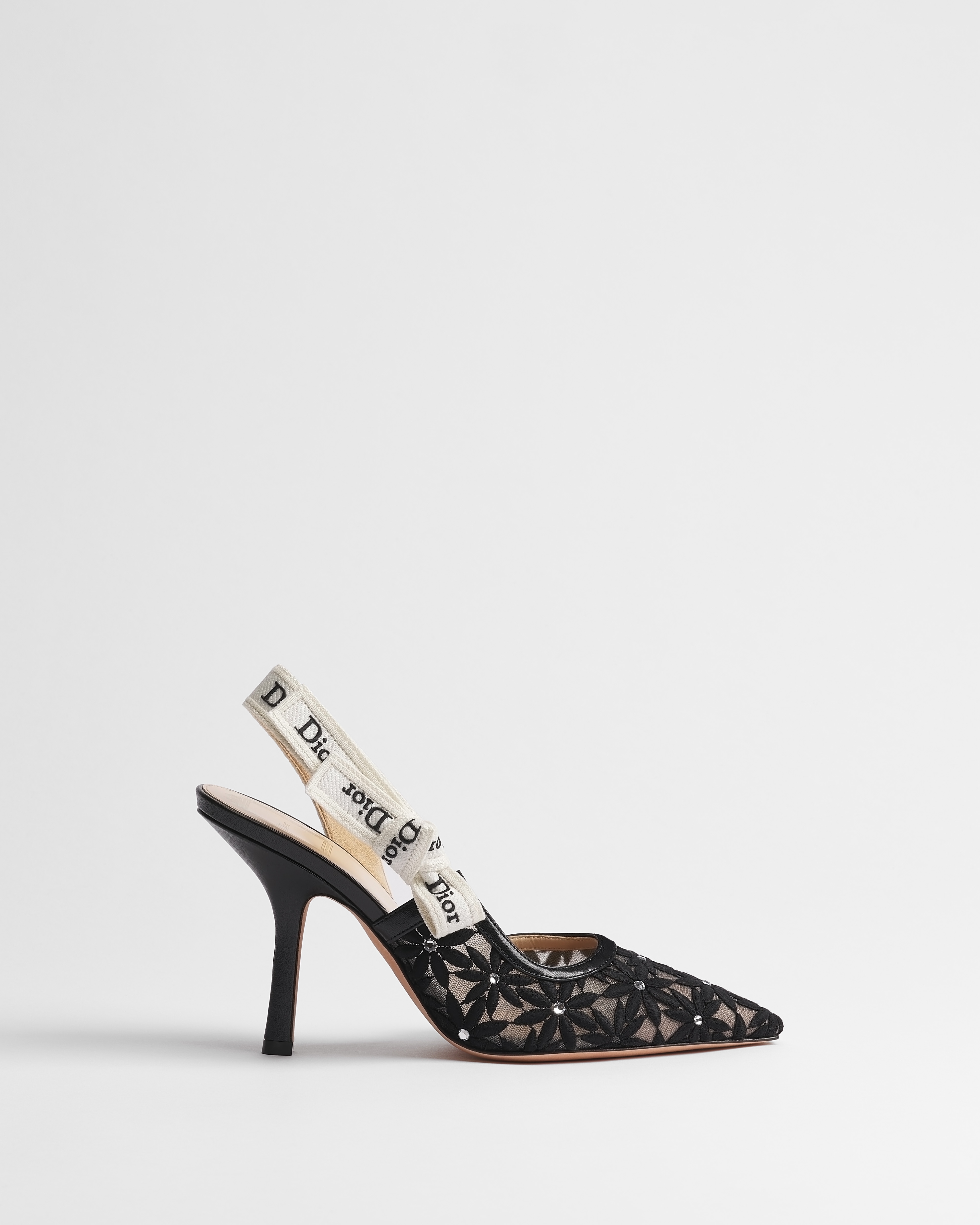 J'Adior Slingback Pump Black Dior Daisy Embroidered Lace and Strass E02