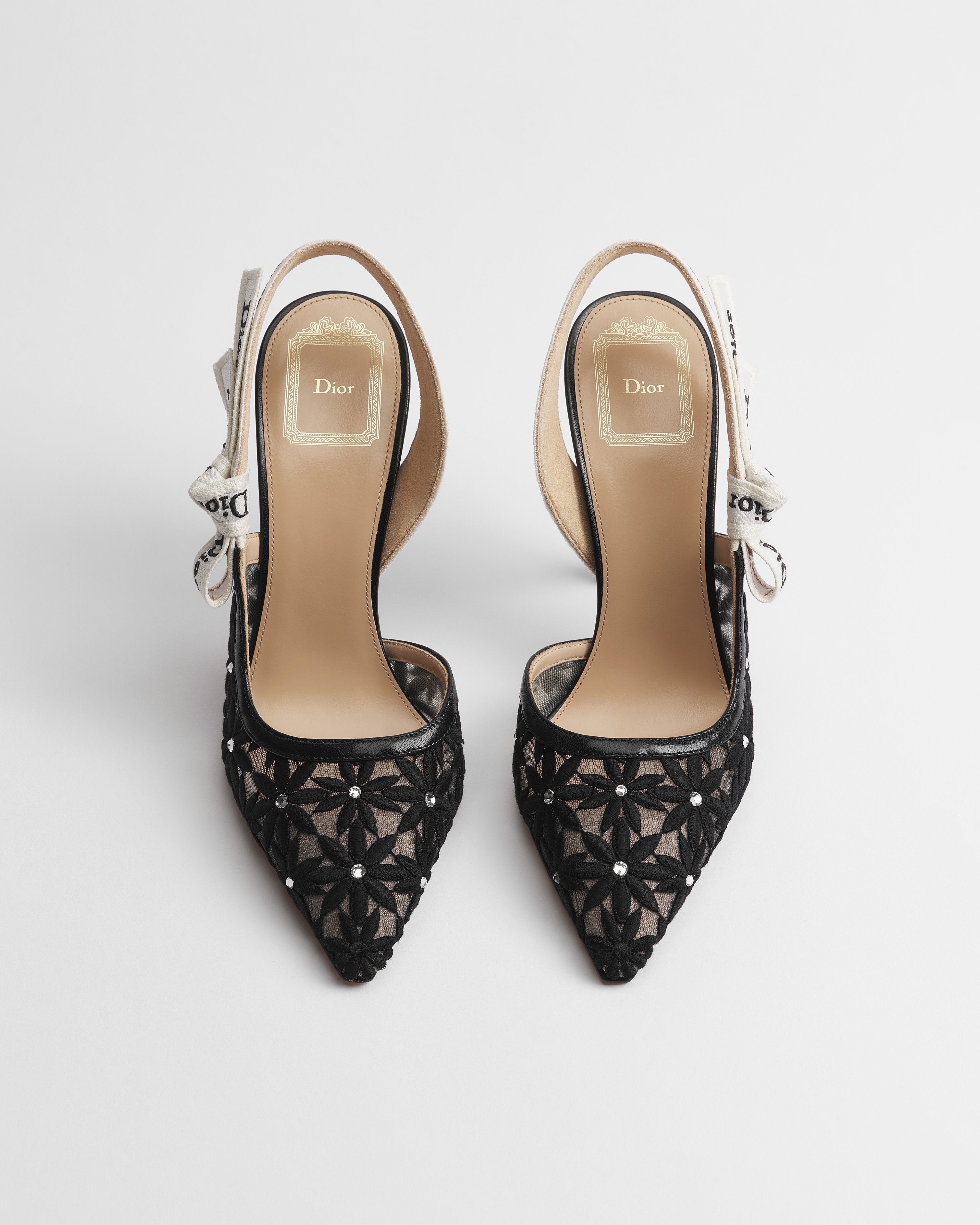 Escarpin slingback J'Adior Dentelle noire brodée du motif Dior Daisy et strass E06