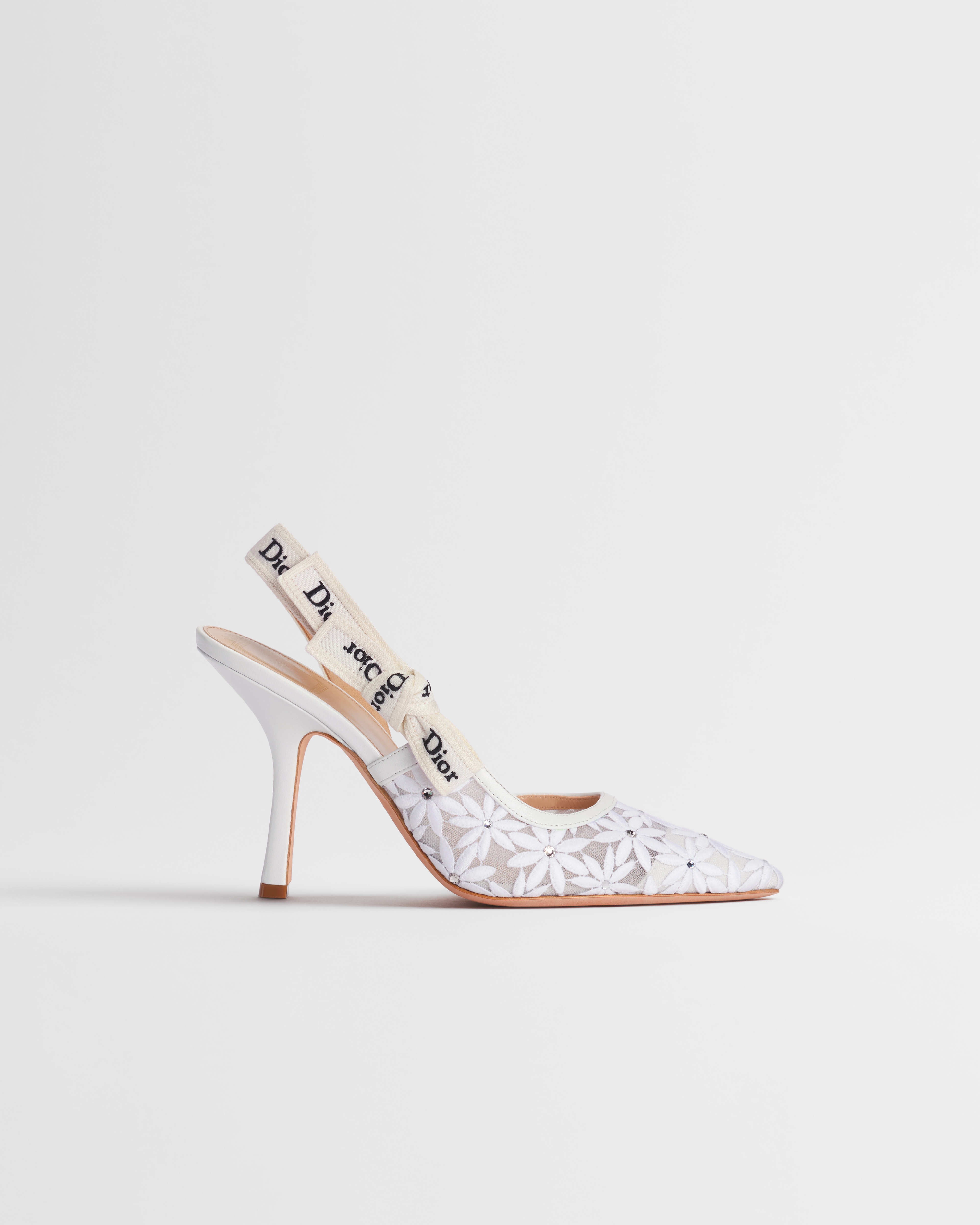 J'Adior-slingback pump Wit kant met Dior Daisy-borduursel en stras E02