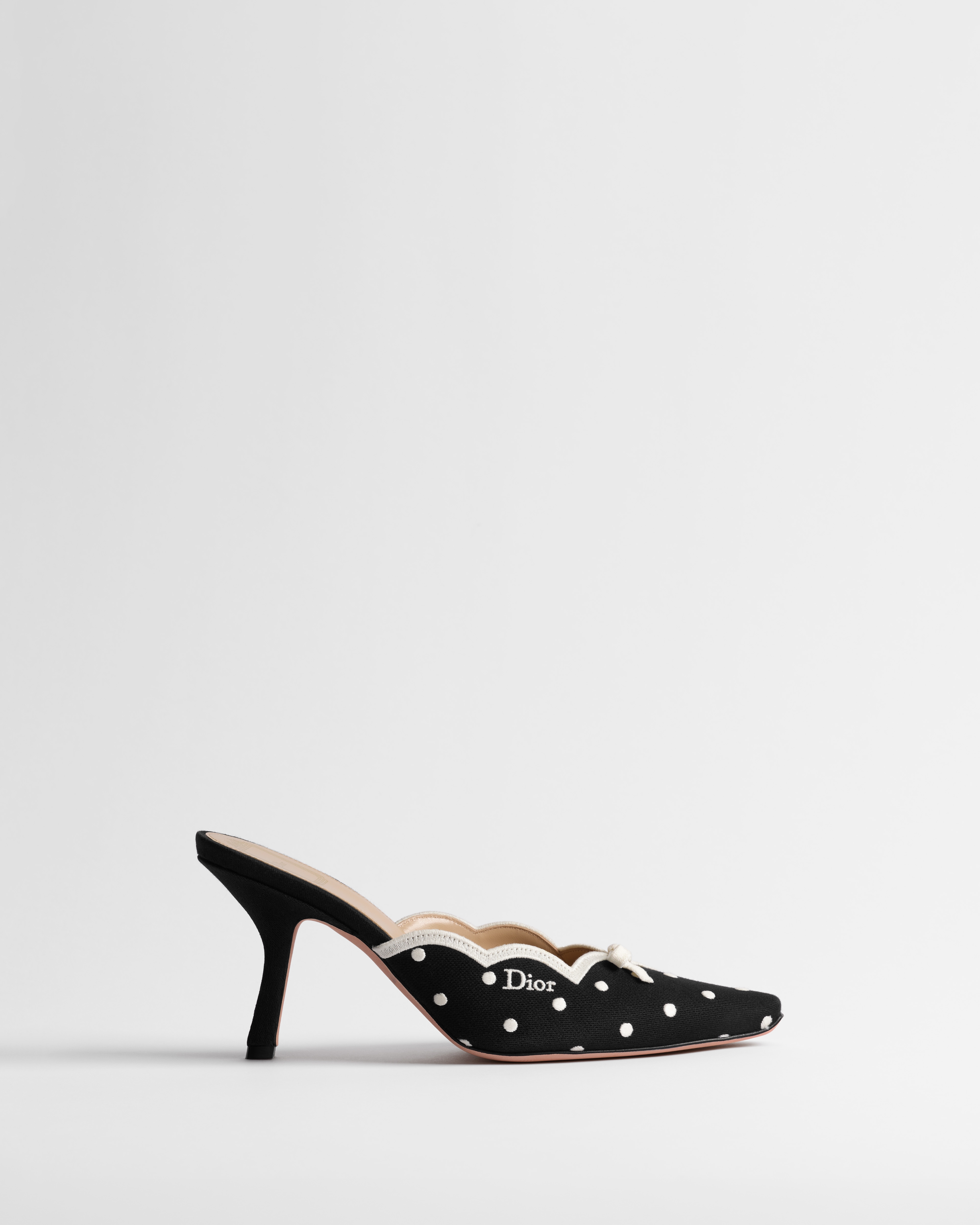 Dior Romance Heeled Mule Black Cotton Embroidered with White PolkaDior Motif E02
