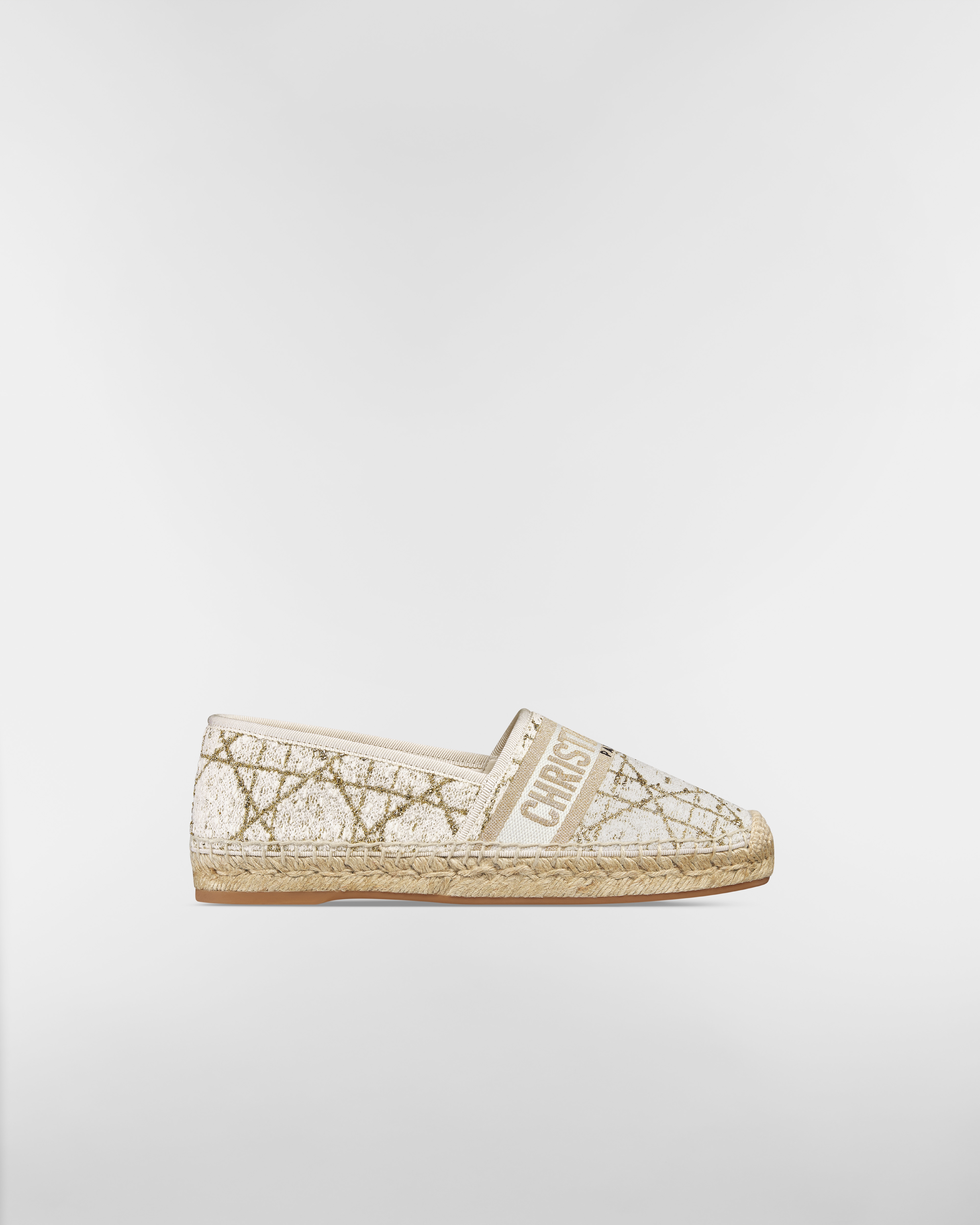 Dior Granville 麻底帆布鞋 白色 Cannage 藤格紋圖案斜紋軟呢和金色色調金屬線 E02