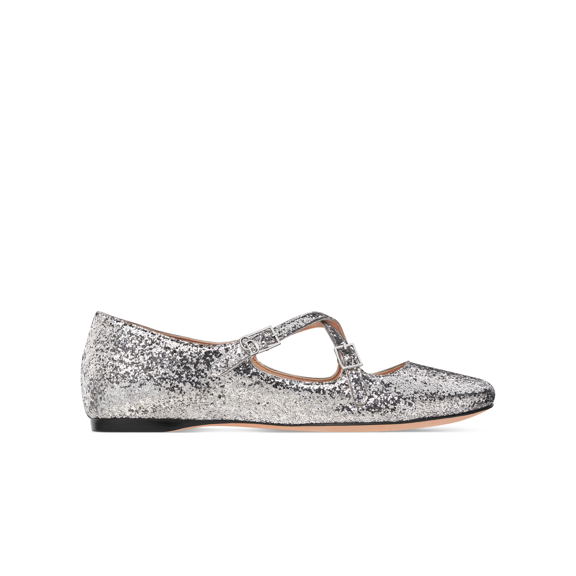 Very Dior Ballet Flat Silver-Tone Laminated Lambskin and Glitter E02