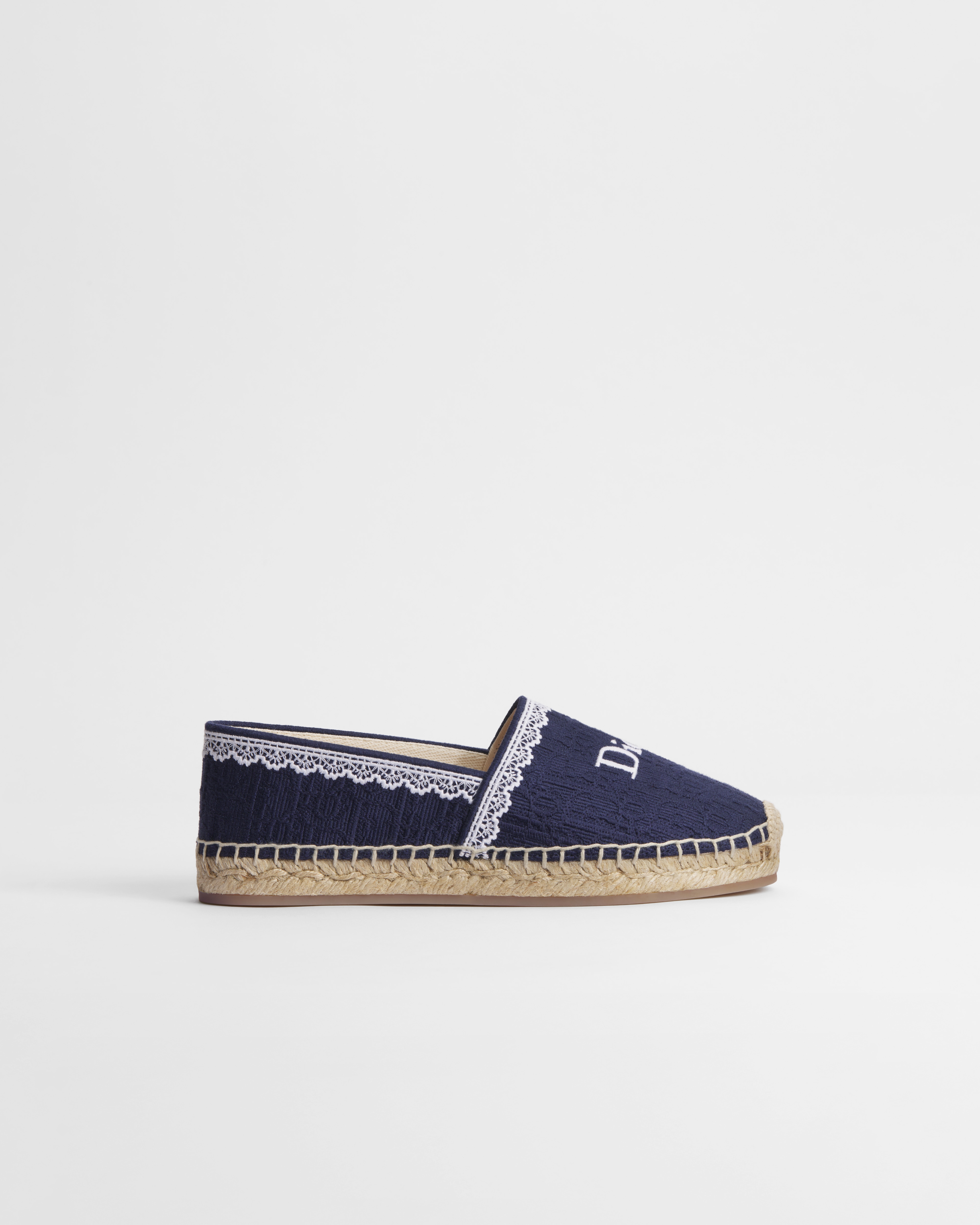 Dior Dentelle Espadrille Navy Blue Dior Oblique Embroidered Cotton and White Lace E02
