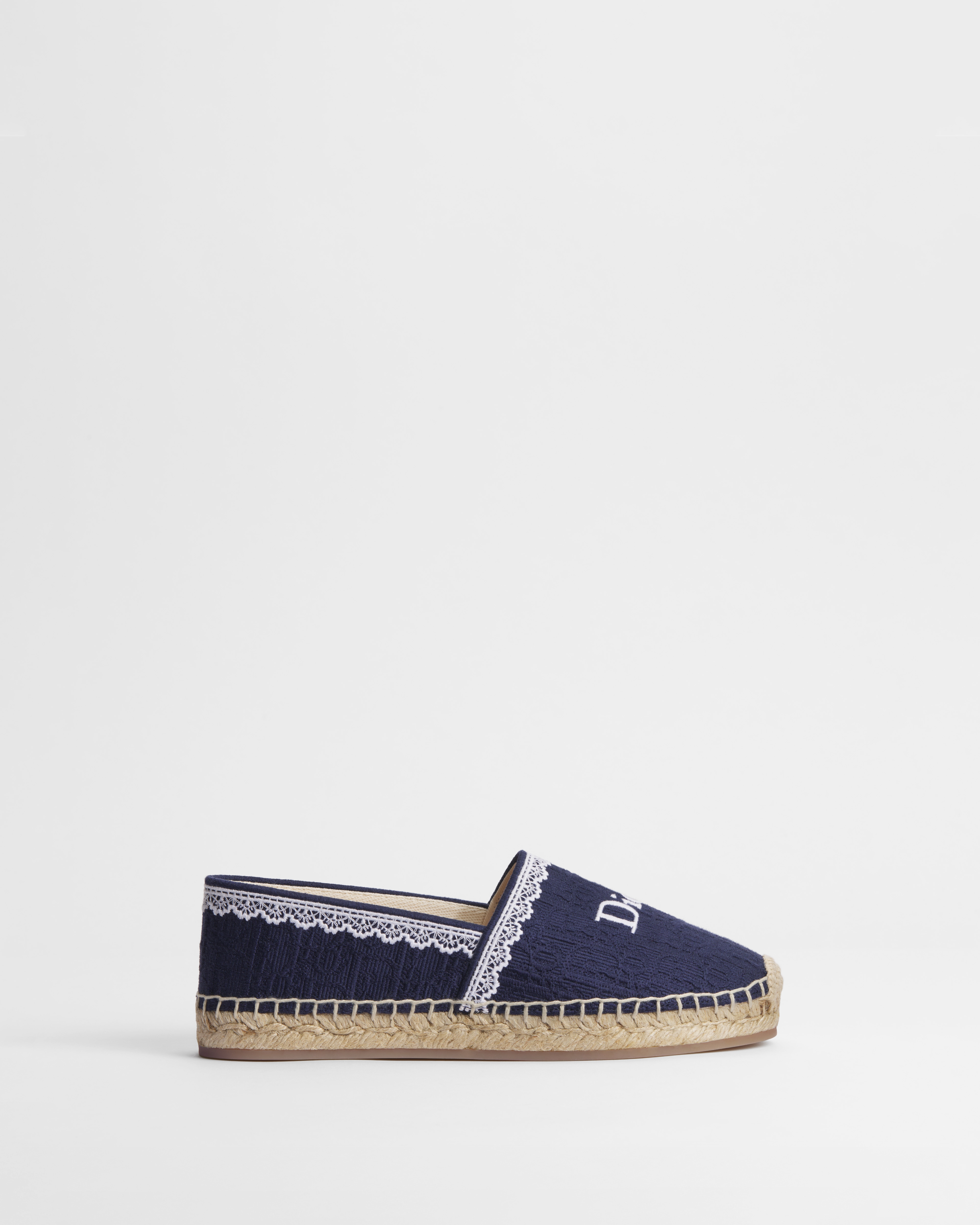 Dior Dentelle Espadrille Navy Blue Dior Oblique Embroidered Cotton and White Lace E02