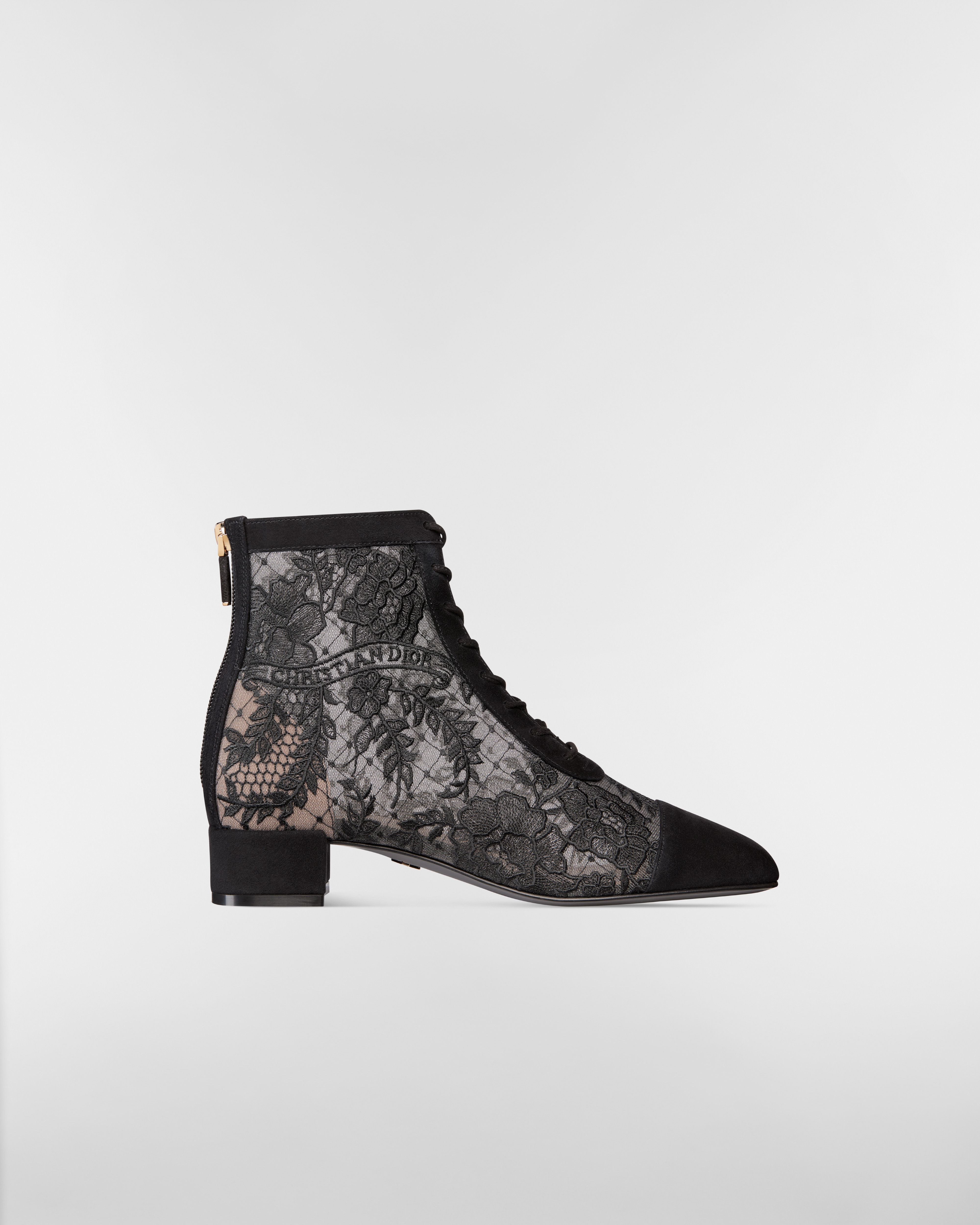 Naughtily-D Heeled Ankle Boot Transparent Mesh with Black Dior Roses Embroidery and Suede Goatskin E02