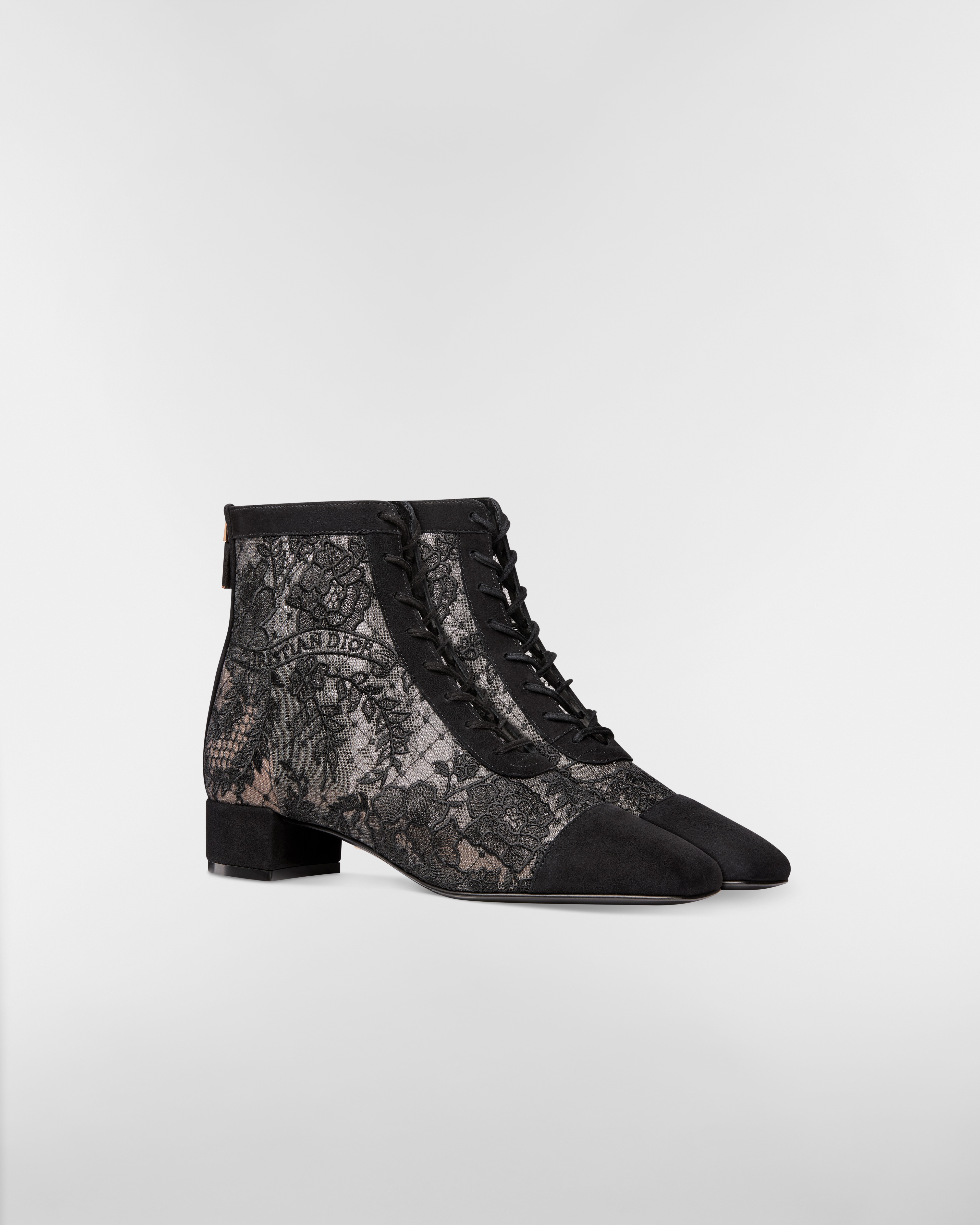 Naughtily-D Heeled Ankle Boot Transparent Mesh with Black Dior Roses Embroidery and Suede Goatskin E03