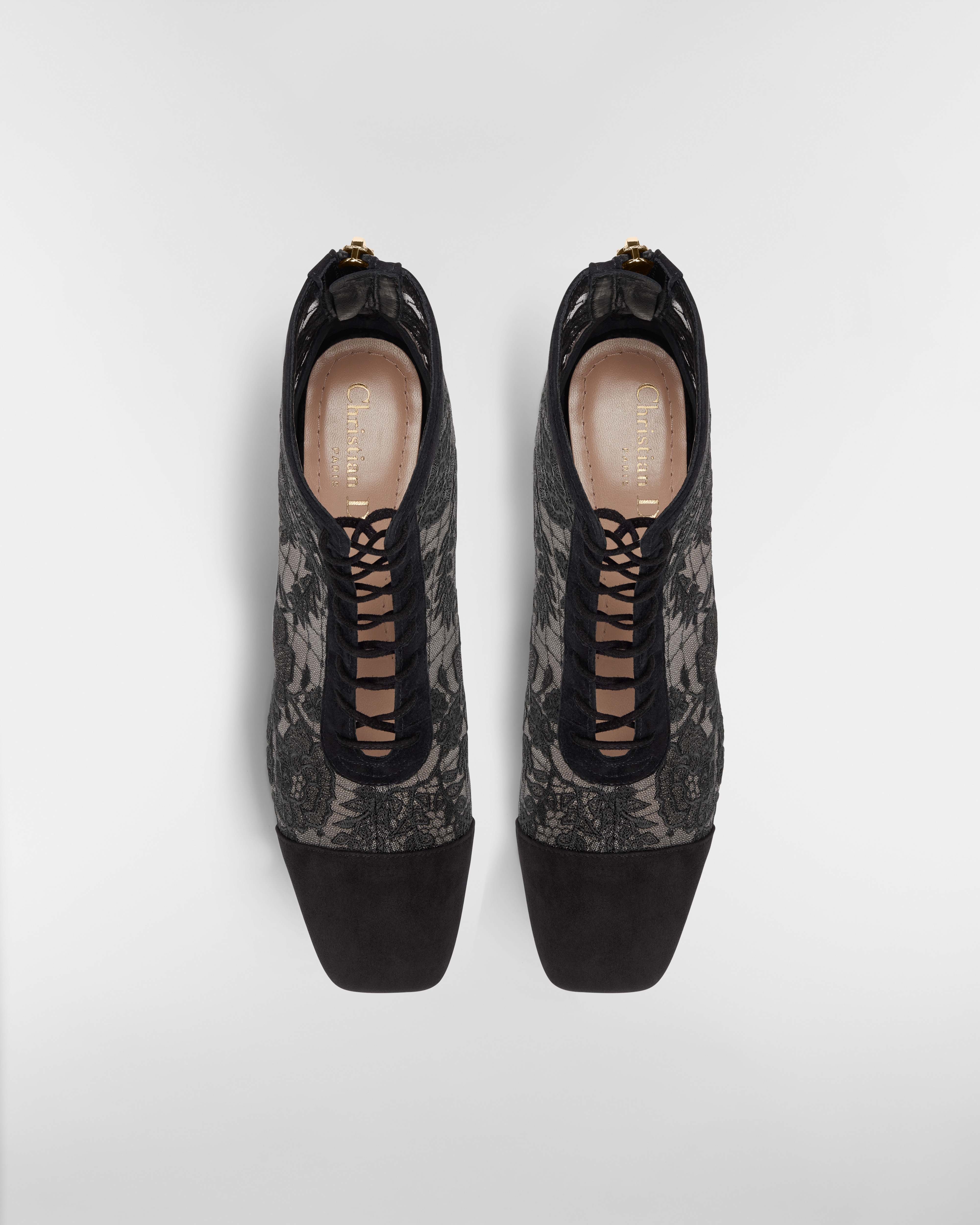 Naughtily-D Heeled Ankle Boot Transparent Mesh with Black Dior Roses Embroidery and Suede Goatskin E06