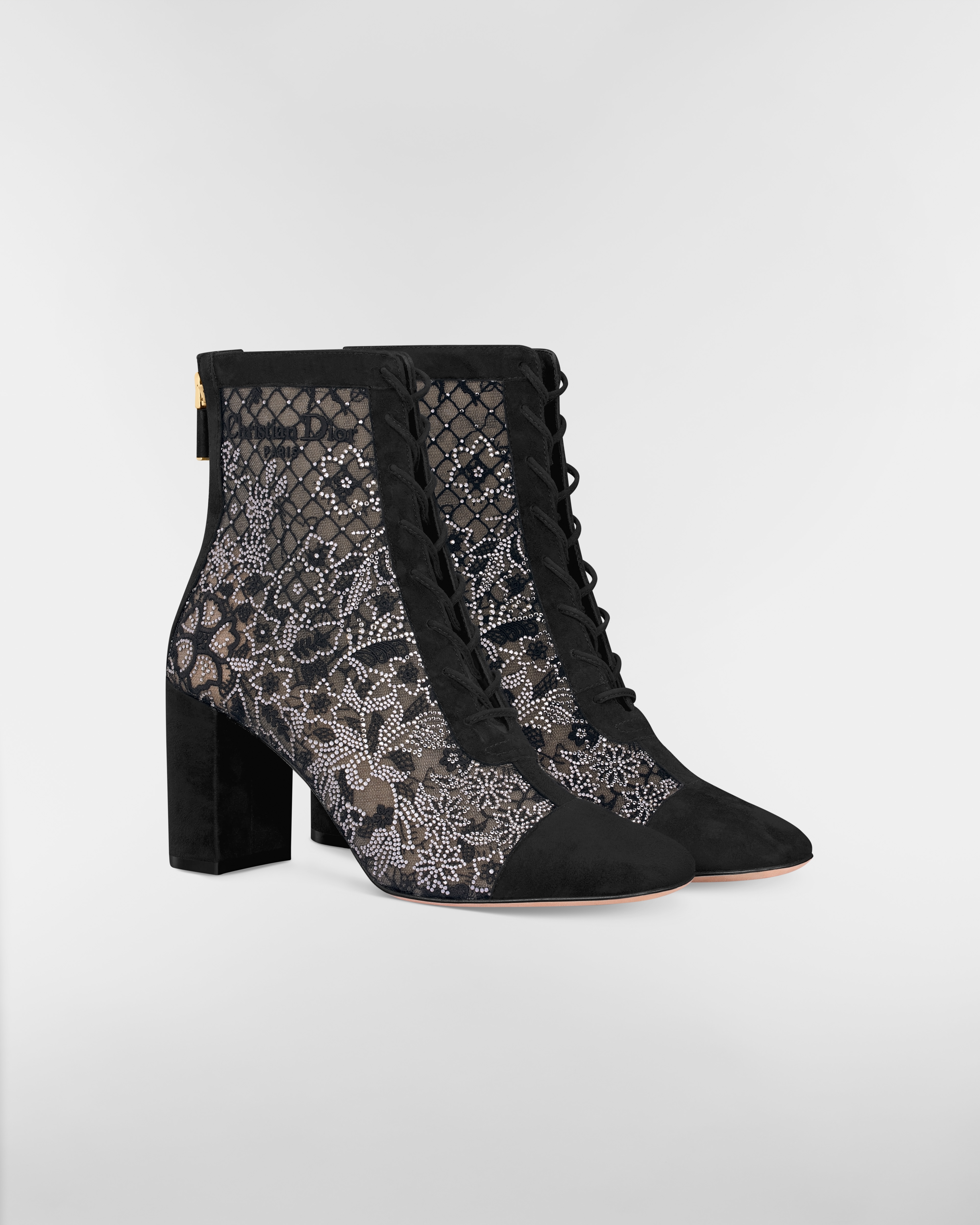 Naughtily-D Heeled Ankle Boot Transparent Mesh Embroidered with Black Millefiori Motif and Silver-Tone Strass E03