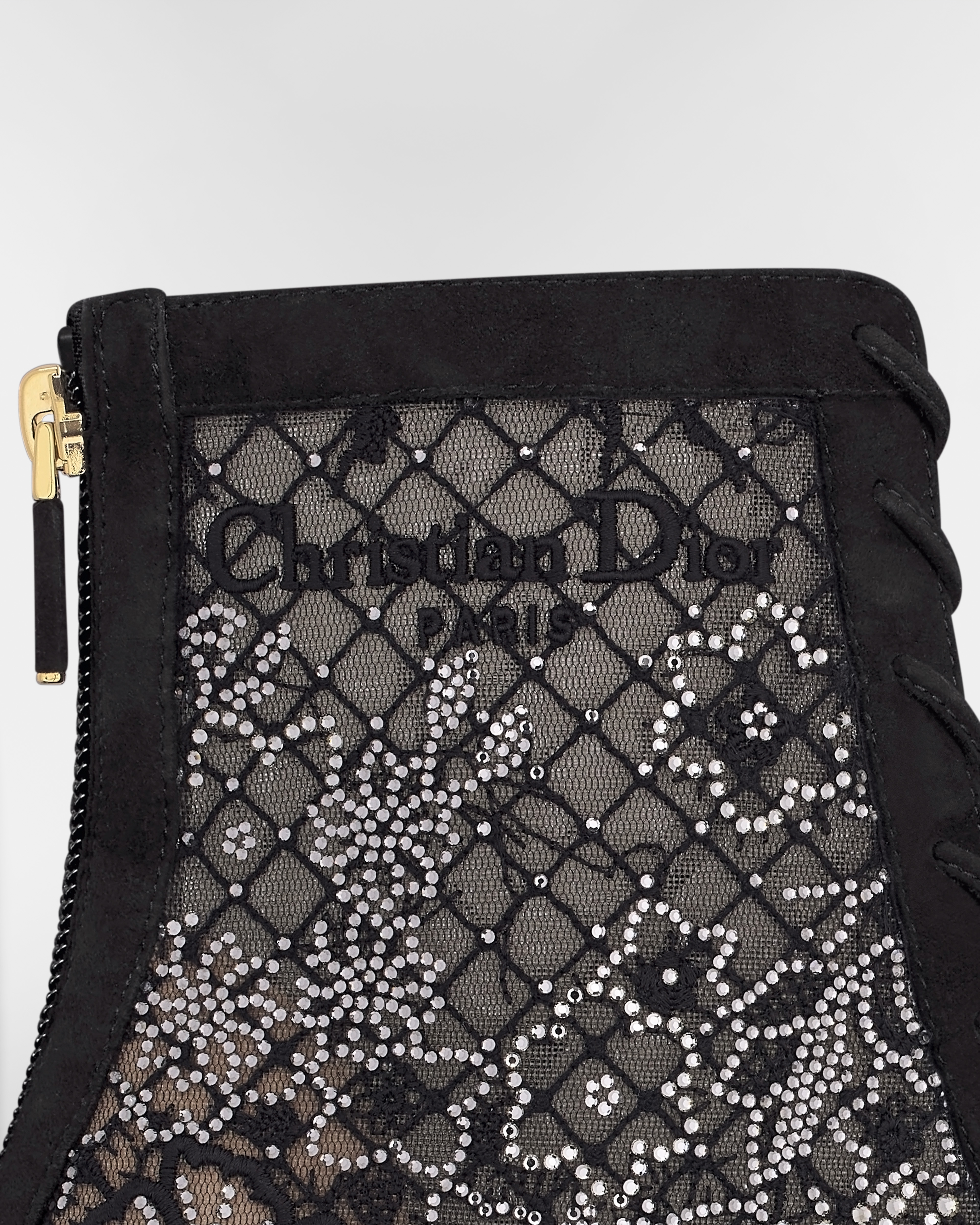 Naughtily-D Heeled Ankle Boot Transparent Mesh Embroidered with Black Millefiori Motif and Silver-Tone Strass E09