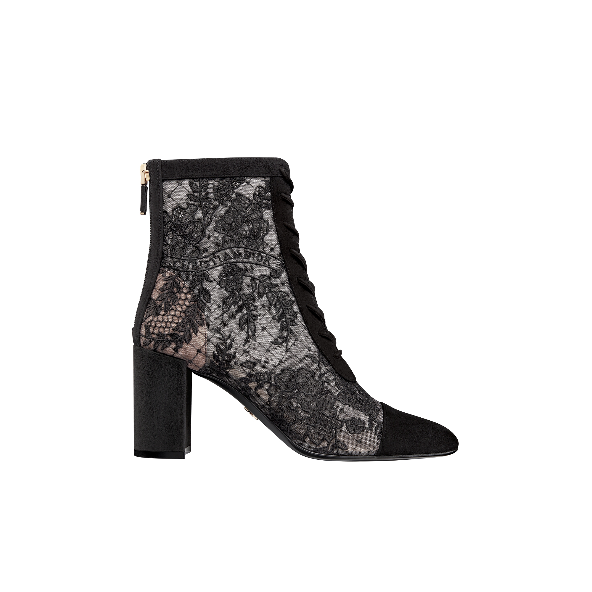 Naughtily-D Heeled Ankle Boot Transparent Mesh with Black Dior Roses Embroidery and Suede Goatskin E02