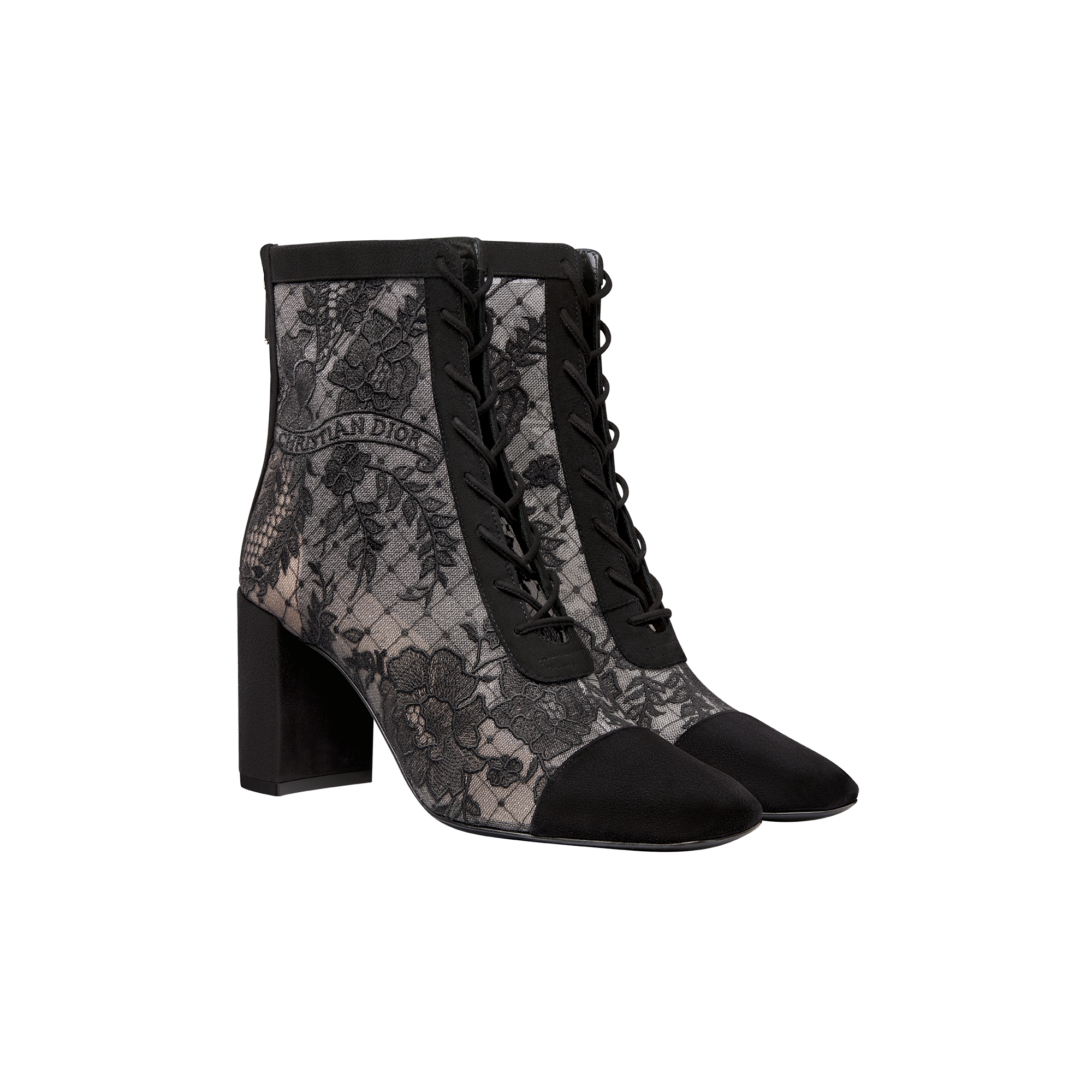 Naughtily-D Heeled Ankle Boot Transparent Mesh with Black Dior Roses Embroidery and Suede Goatskin E03