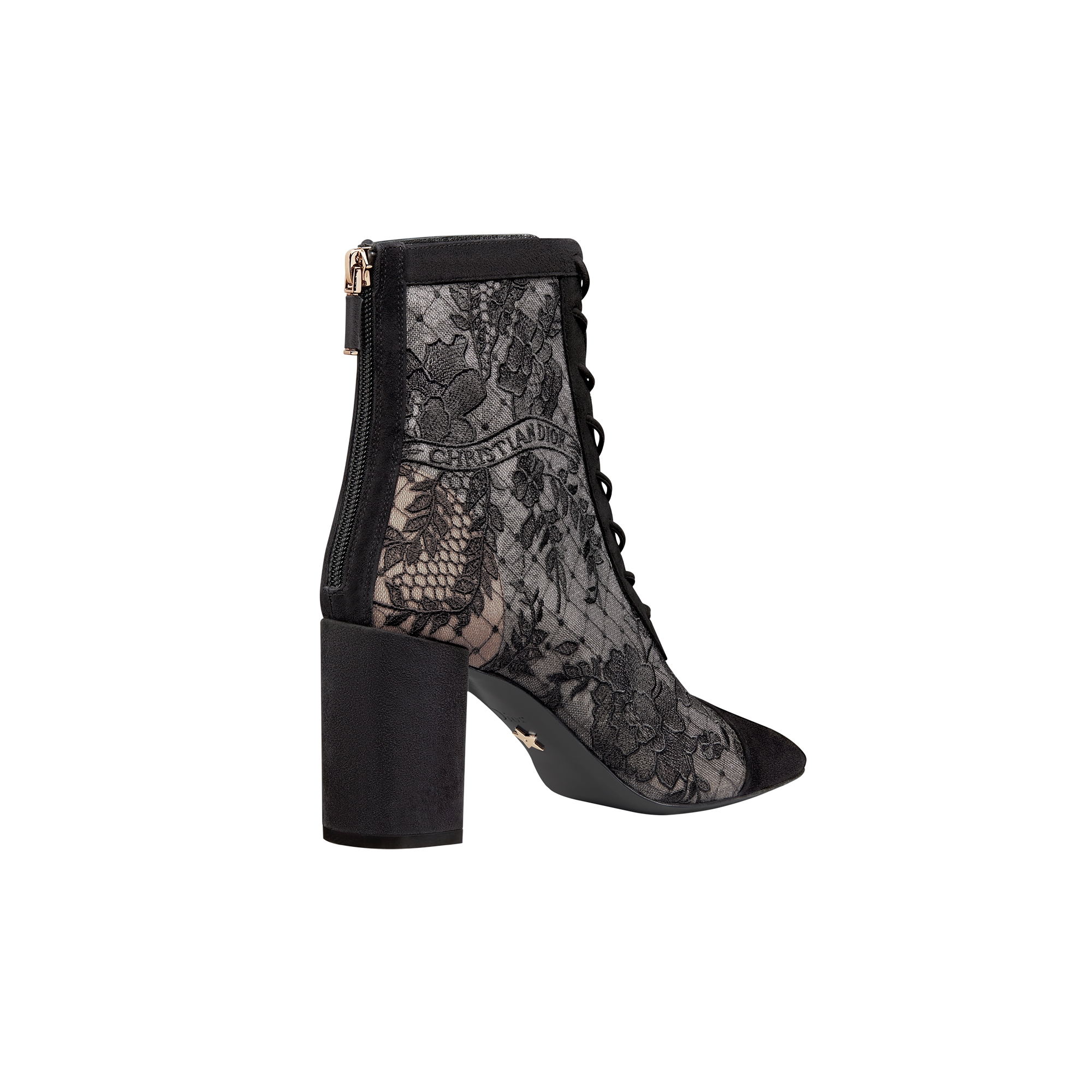 Naughtily-D Heeled Ankle Boot Transparent Mesh with Black Dior Roses Embroidery and Suede Goatskin E05