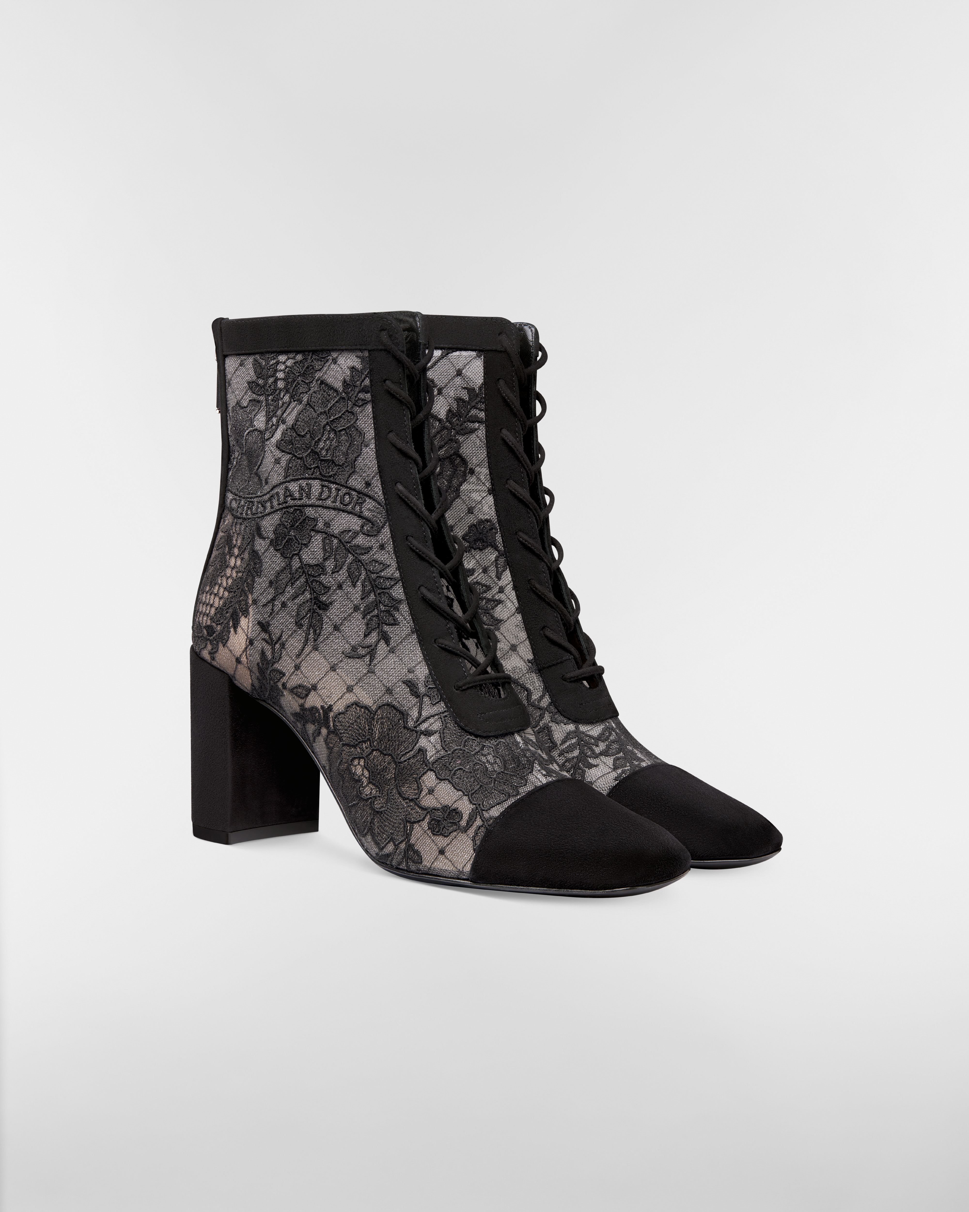 Naughtily-D Heeled Ankle Boot Transparent Mesh with Black Dior Roses Embroidery and Suede Goatskin E03