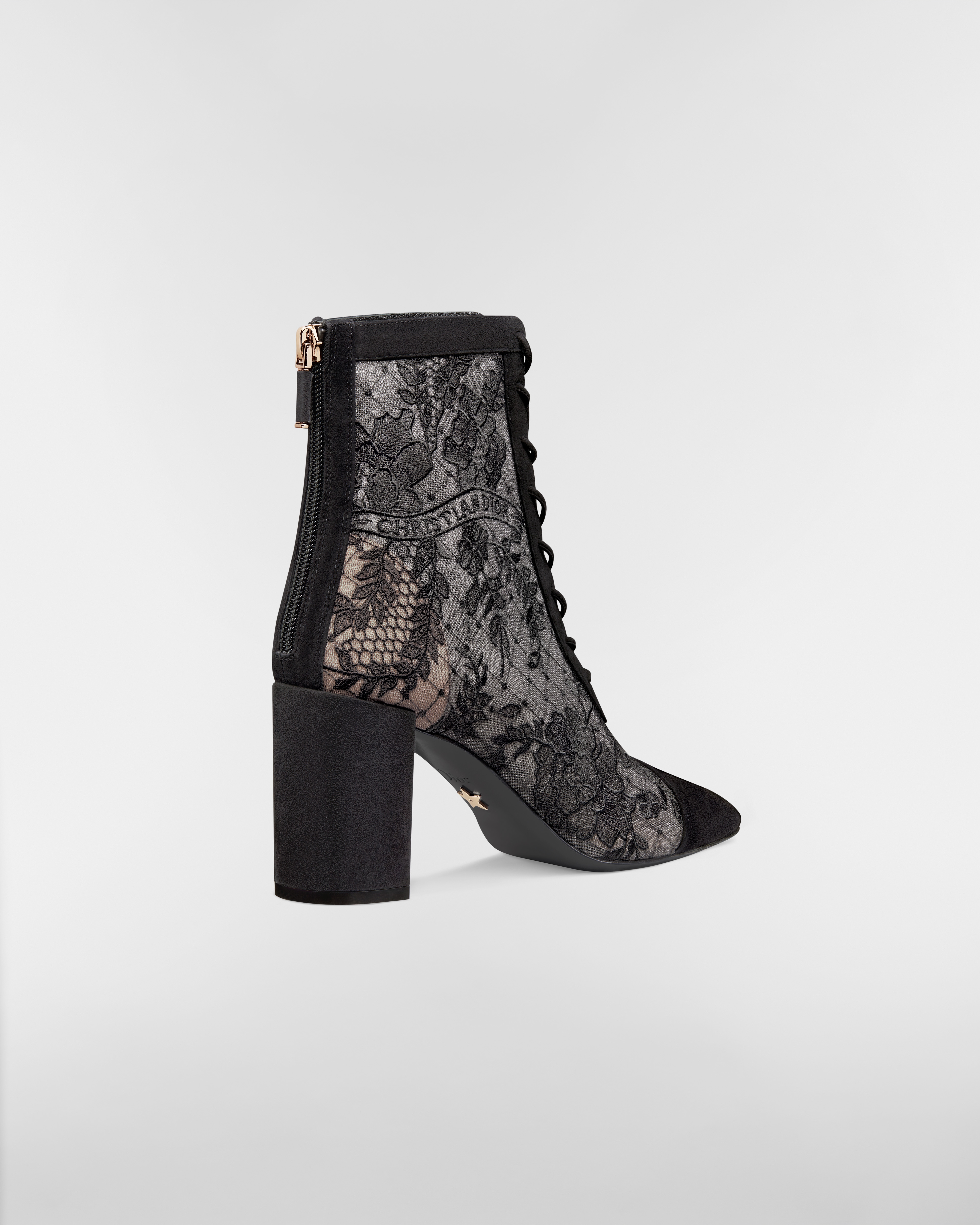 Naughtily-D Heeled Ankle Boot Transparent Mesh with Black Dior Roses Embroidery and Suede Goatskin E05