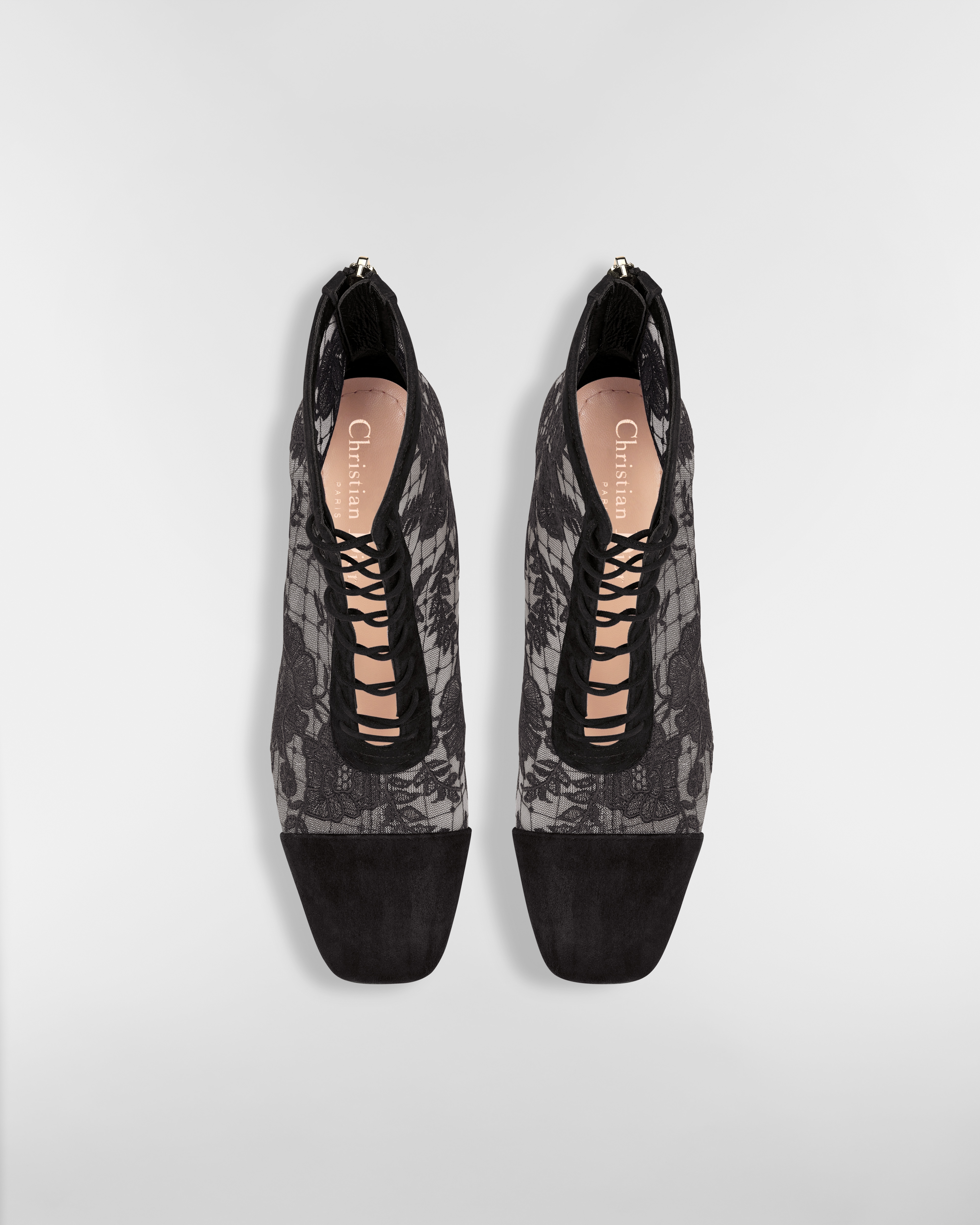 Naughtily-D Heeled Ankle Boot Transparent Mesh with Black Dior Roses Embroidery and Suede Goatskin E06