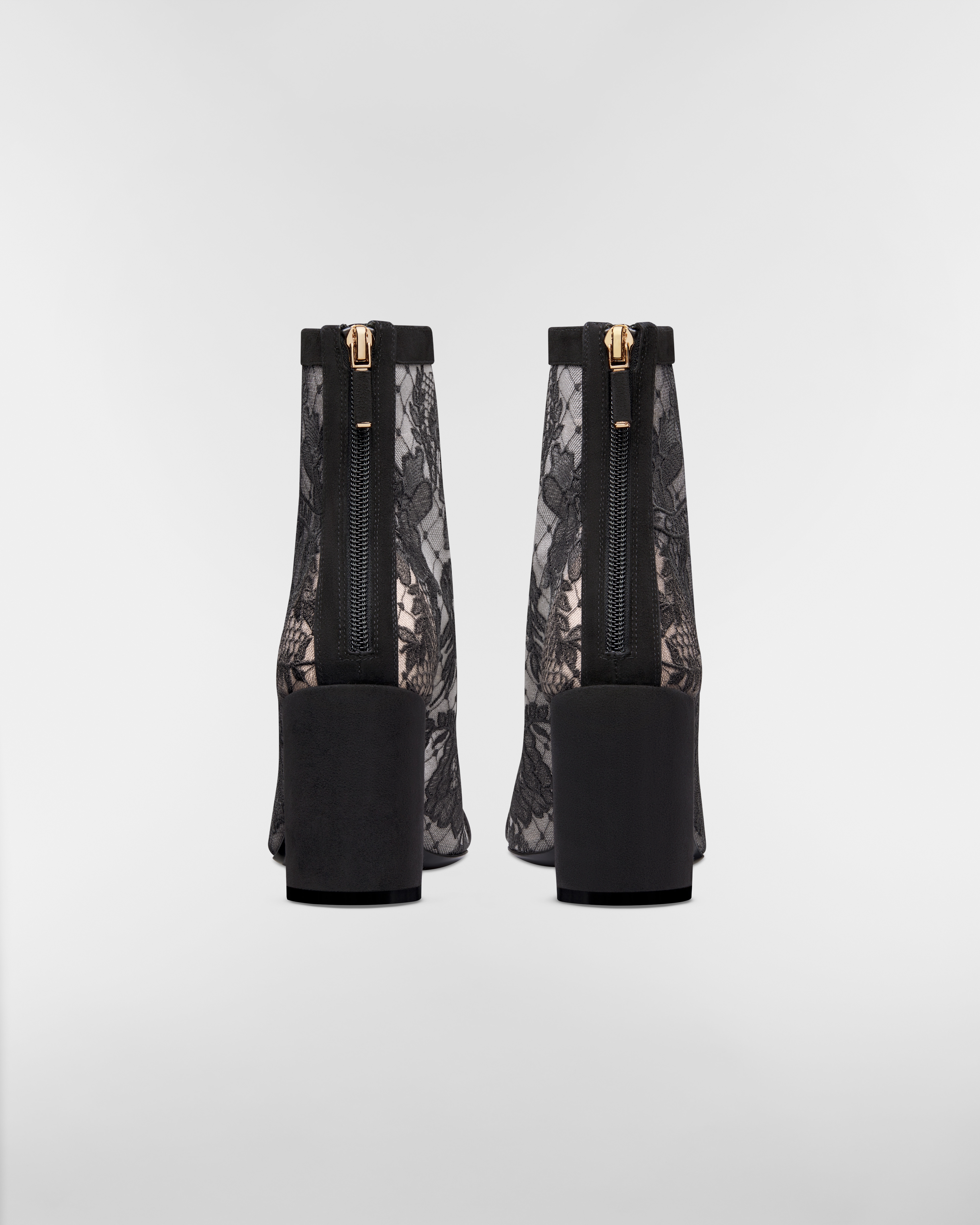 Naughtily-D Heeled Ankle Boot Transparent Mesh with Black Dior Roses Embroidery and Suede Goatskin E08