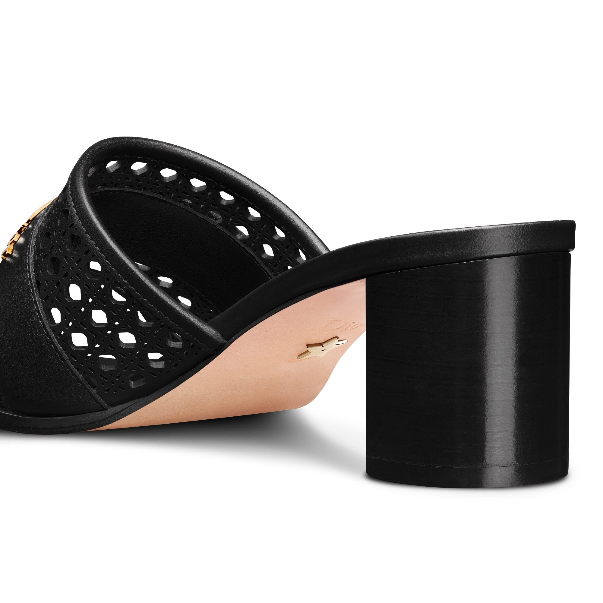 D-Lane Heeled Slide Black Calfskin with Openwork Microcannage Motif E09