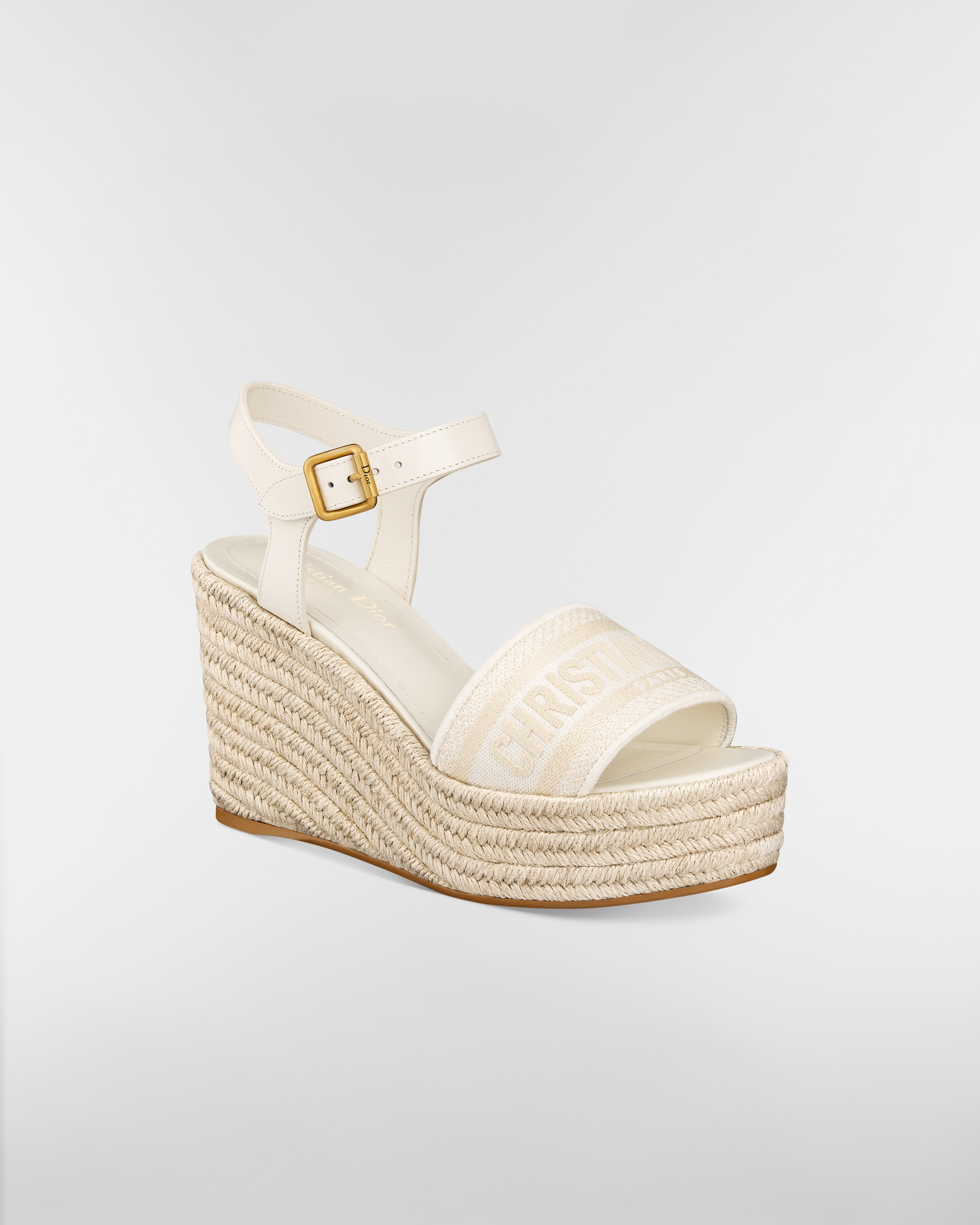 Dway Wedge Sandal White Calfskin and Embroidered Cotton E03