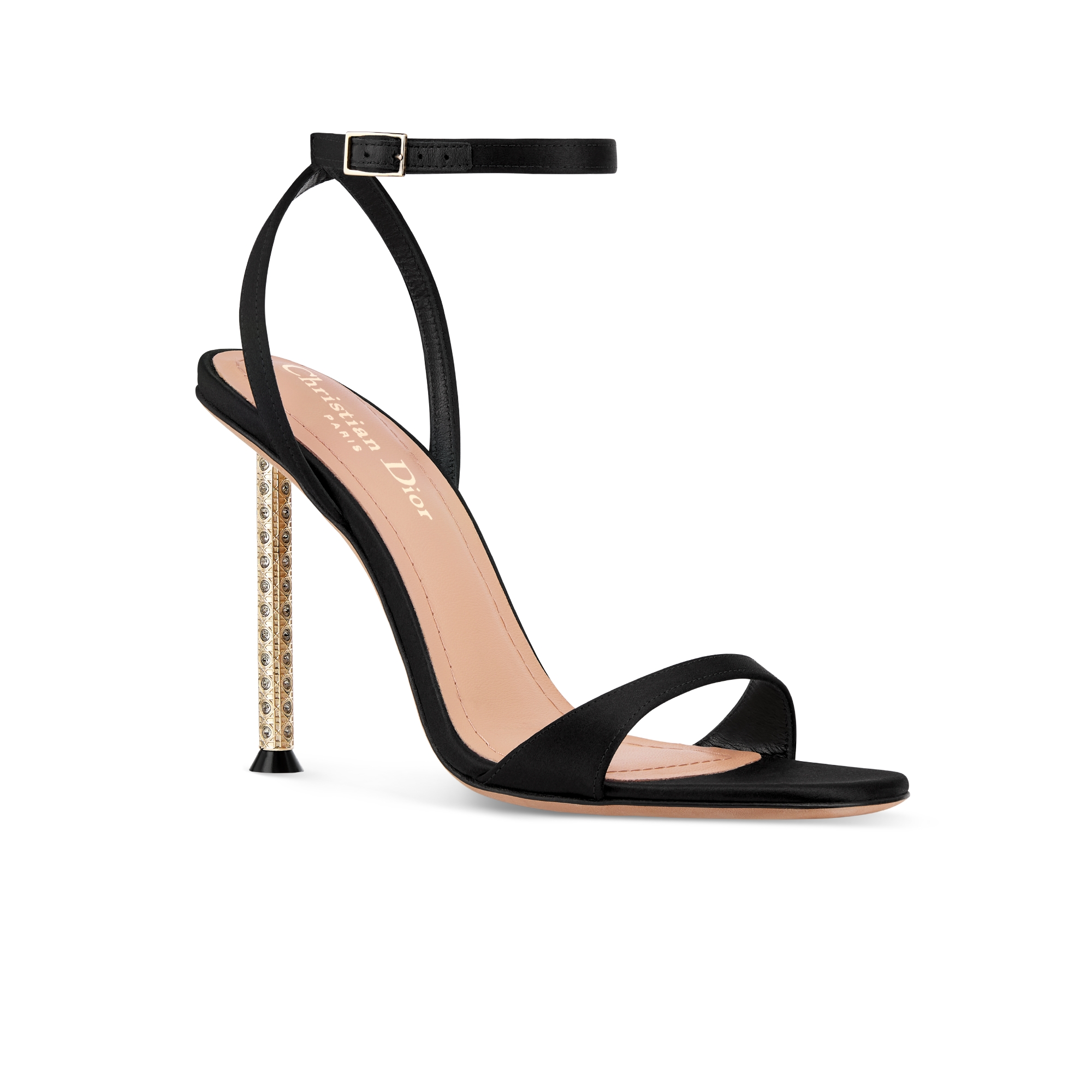 รองเท้าแซนดัลส้นสูง Dior Icon ผ้าซาตินสีดำ E03