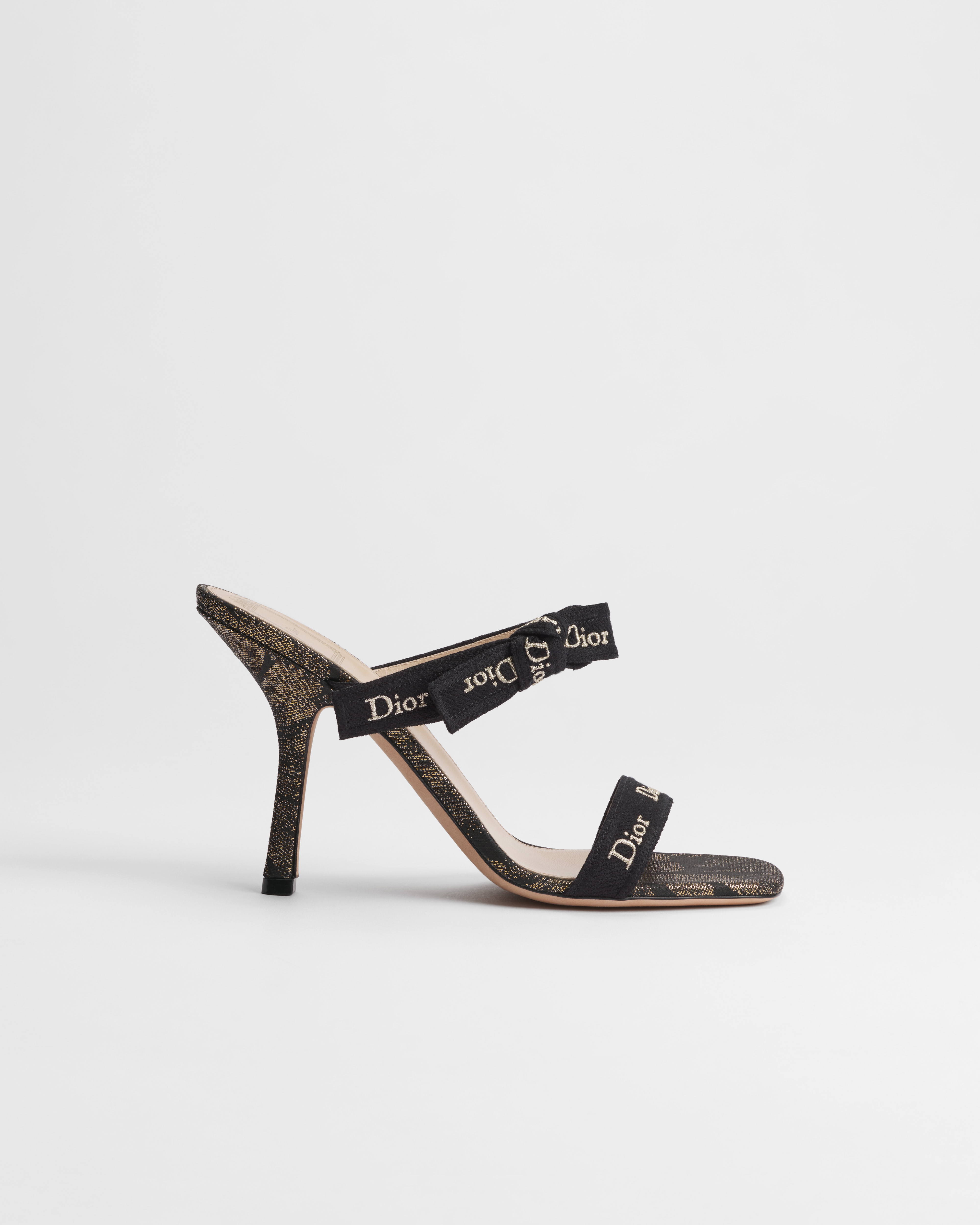 J'Adior Heeled Sandal with Straps Black and Gold-Tone Dior Byzance Feathers Jacquard E02