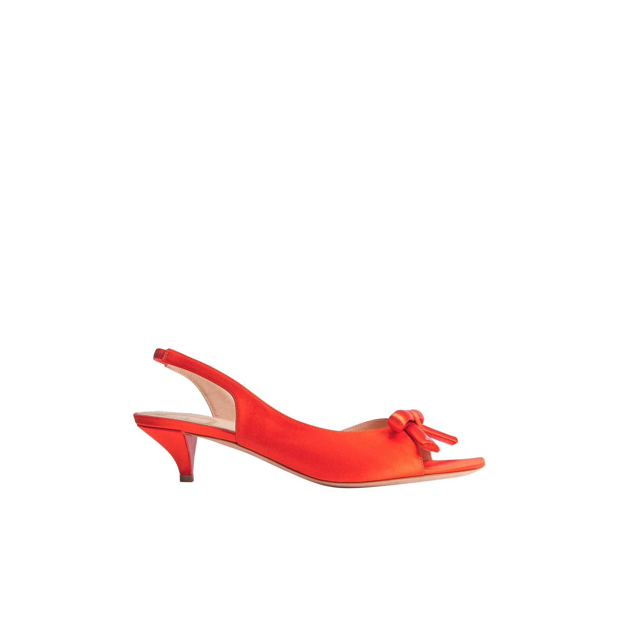 Dior Bow Heeled Slingback Sandal Coral Red Satin E02