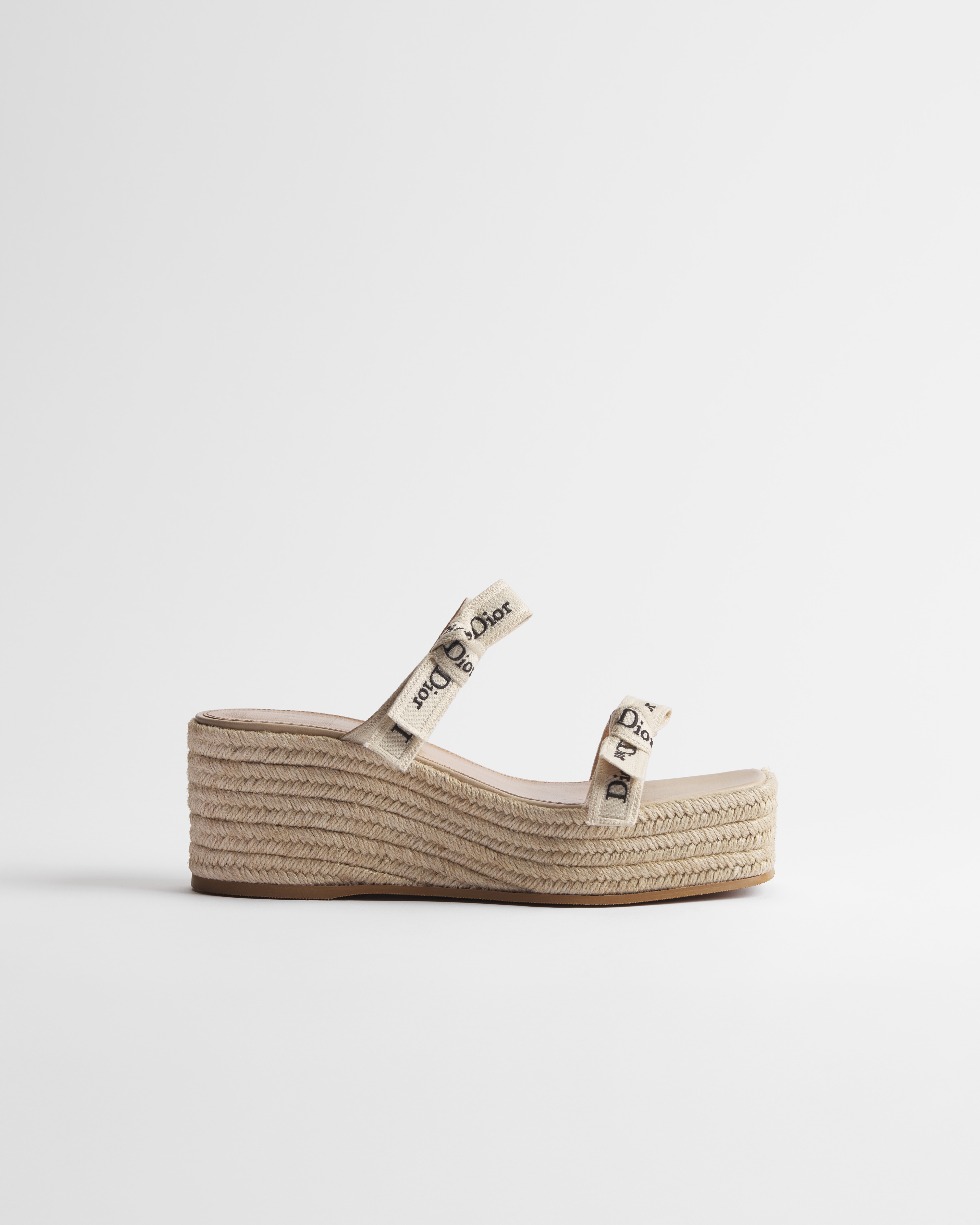 J'Adior Wedge Slide with Straps White Embroidered Cotton and Natural Raffia E02