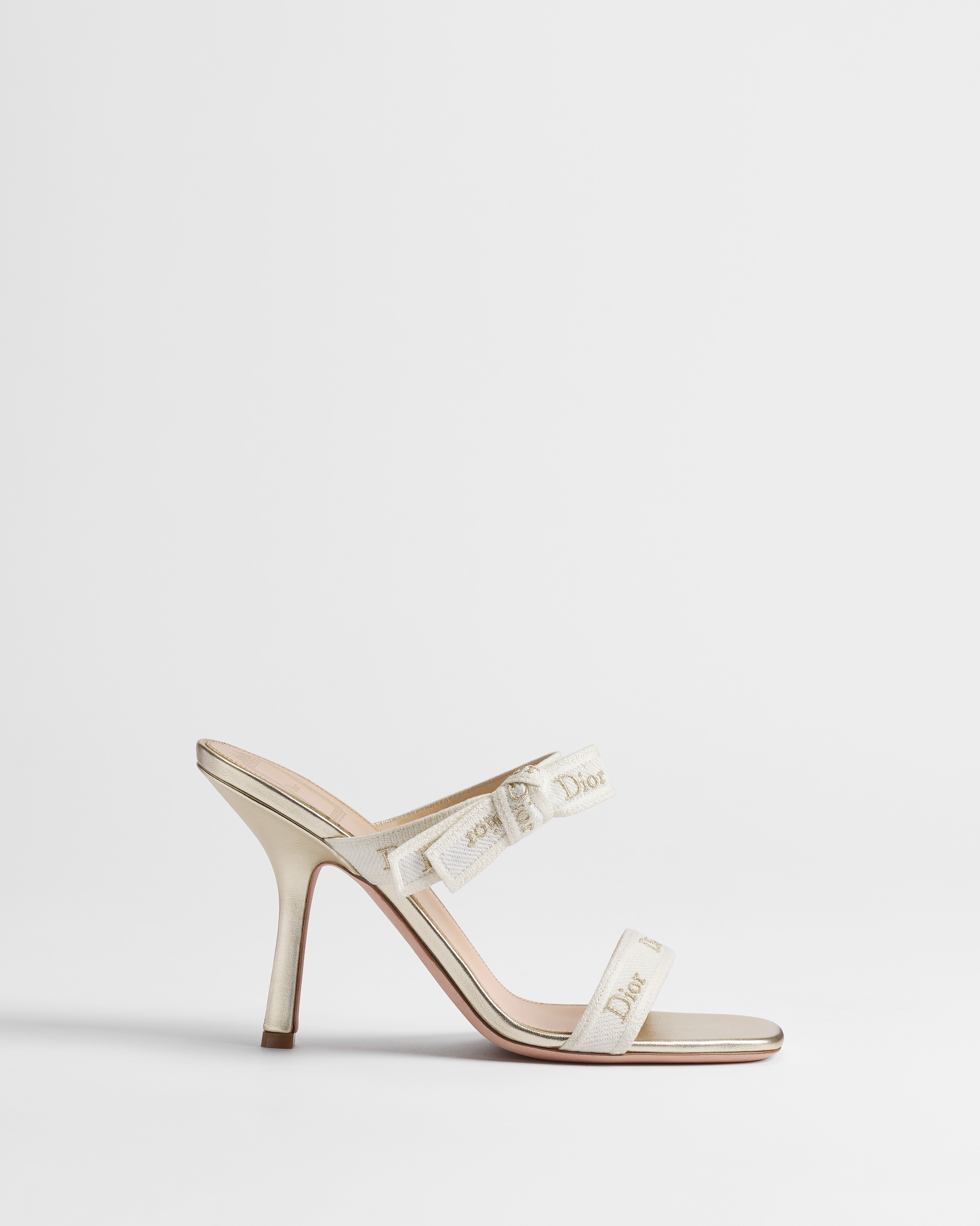 J'Adior Heeled Sandal with Straps Ecru Embroidered Cotton Blend and Gold-Tone Metallic Thread E02