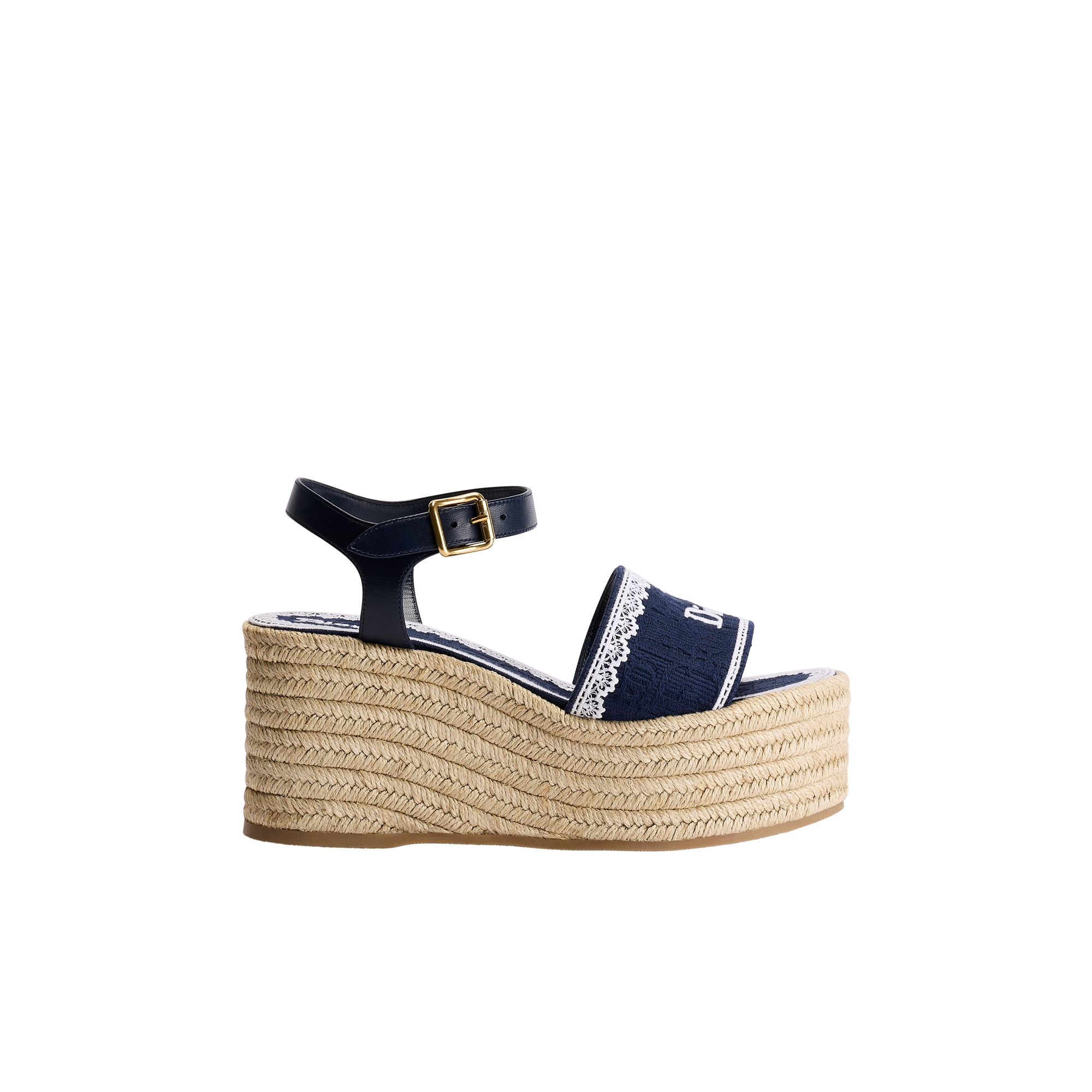 Dior Dentelle Wedge Sandal Navy Blue Dior Oblique Embroidered Cotton and White Lace E02