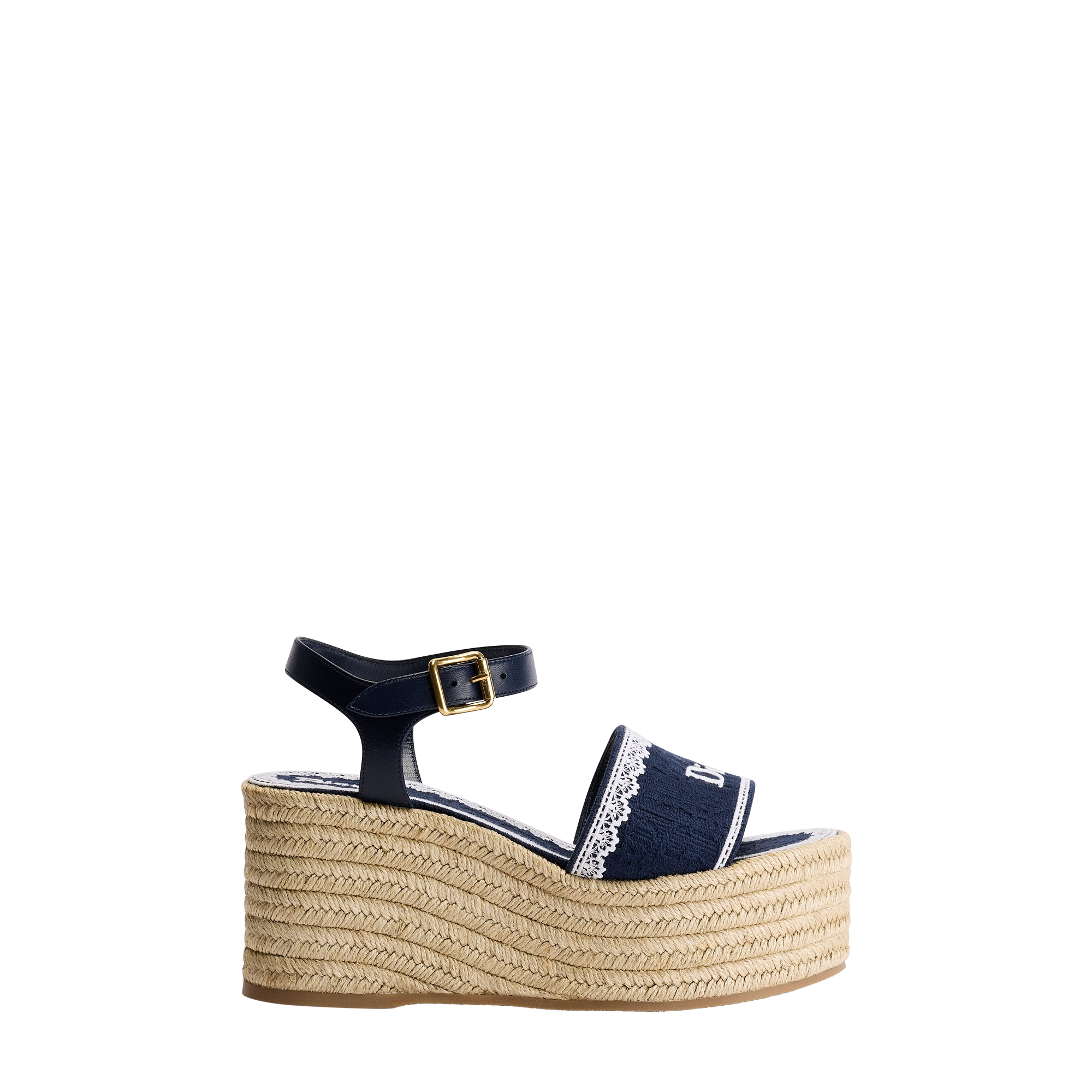 Dior Dentelle Wedge Sandal Navy Blue Dior Oblique Embroidered Cotton and White Lace E02