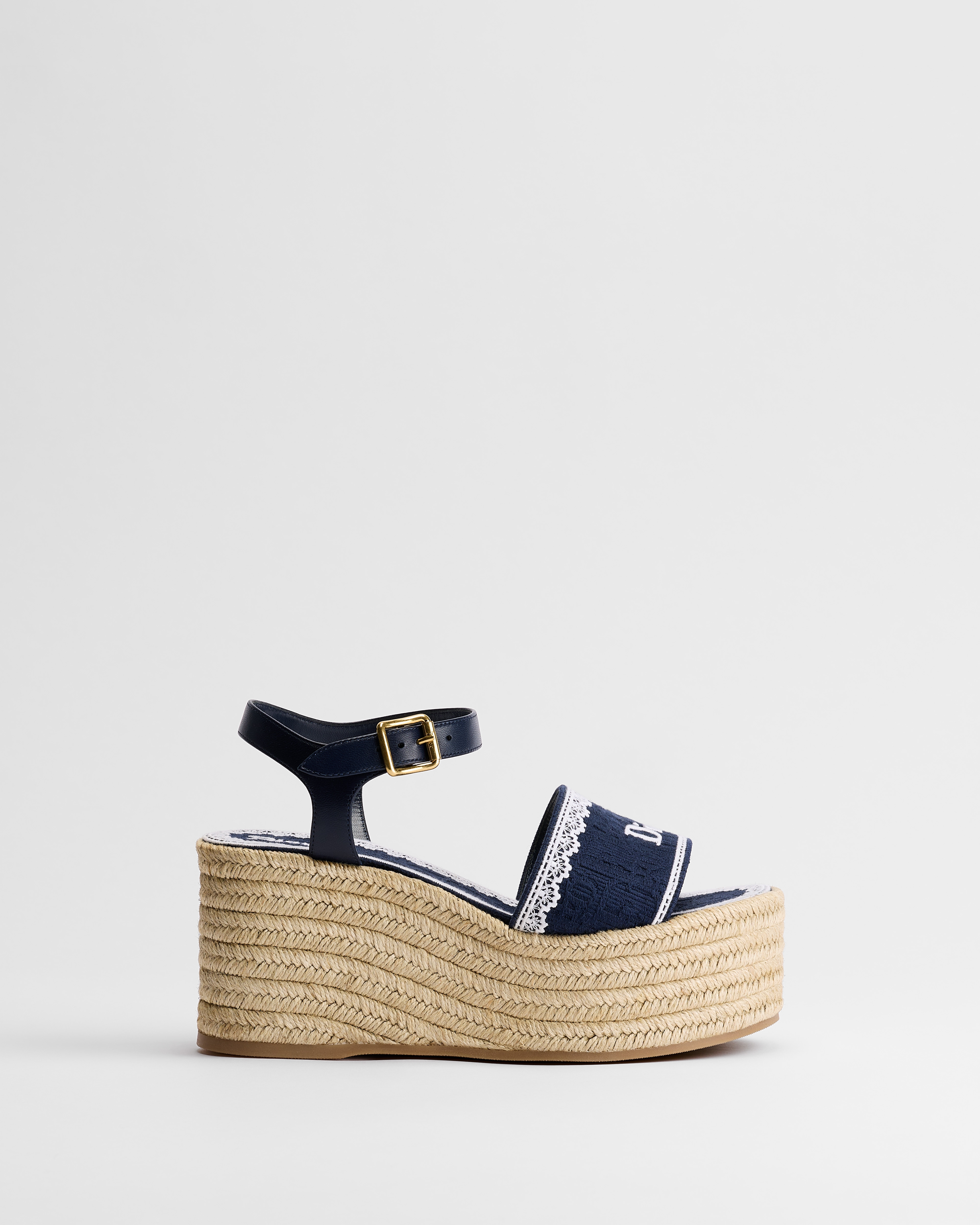 Dior Dentelle Wedge Sandal Navy Blue Dior Oblique Embroidered Cotton and White Lace E02
