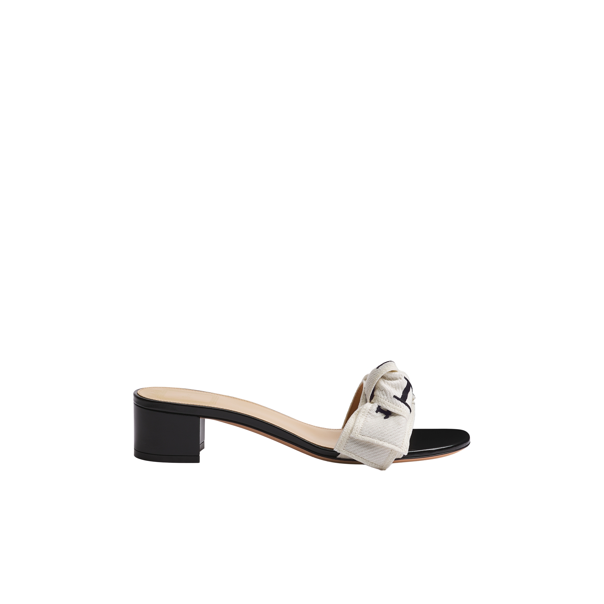 J'Adior Heeled Slide Black Embroidered Cotton E02