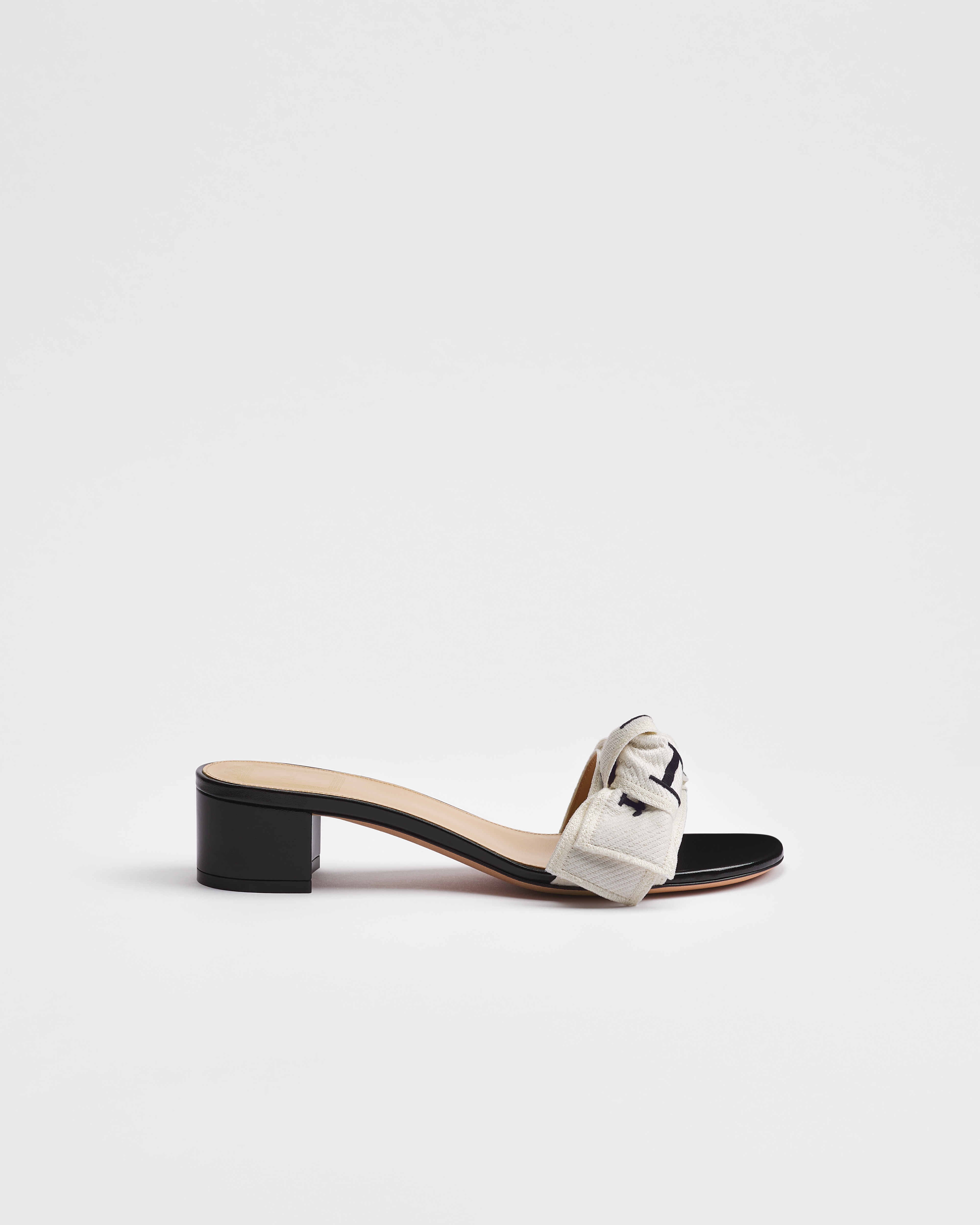 J'Adior Heeled Slide Black Embroidered Cotton E02