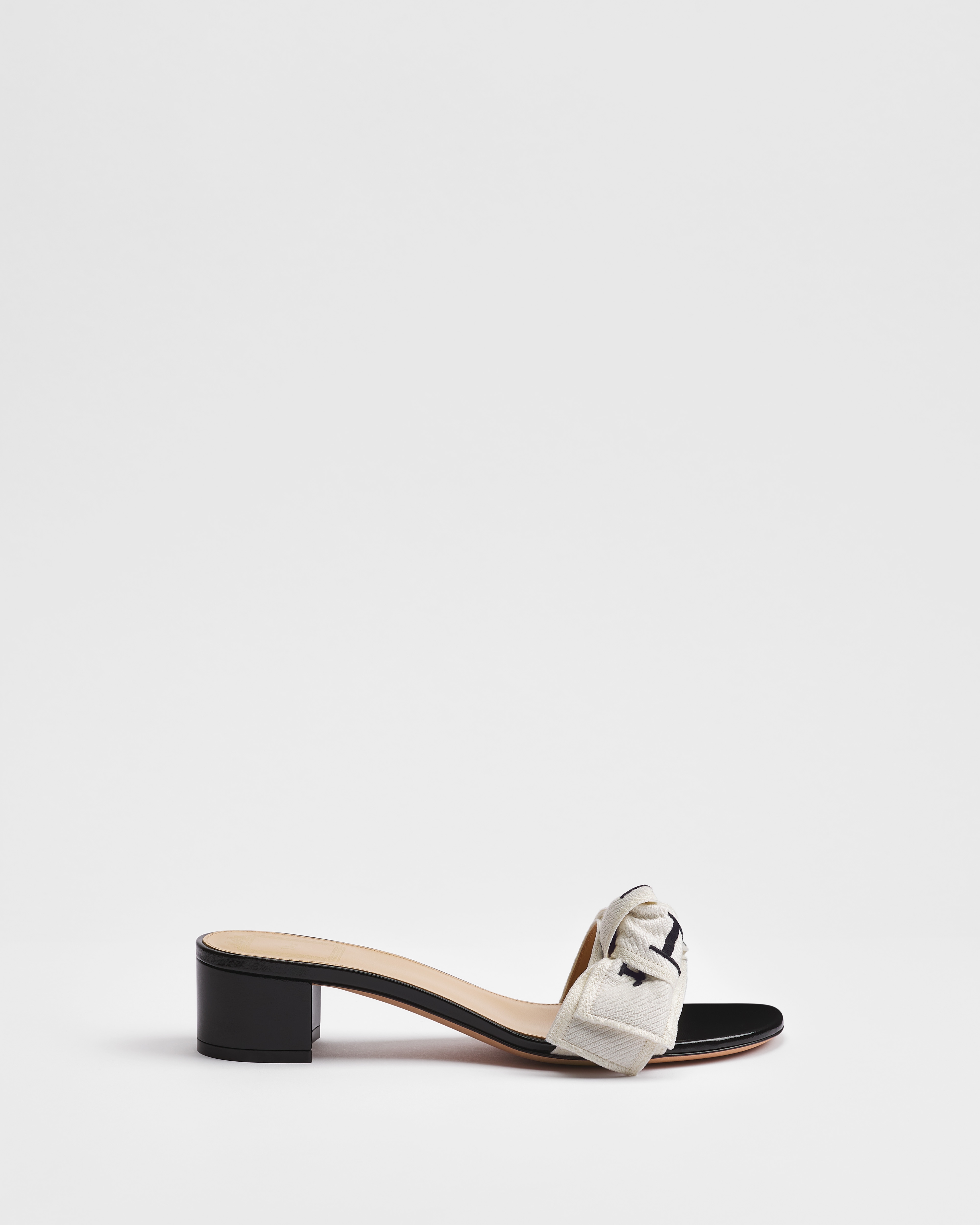 J'Adior Heeled Slide Black Embroidered Cotton E02