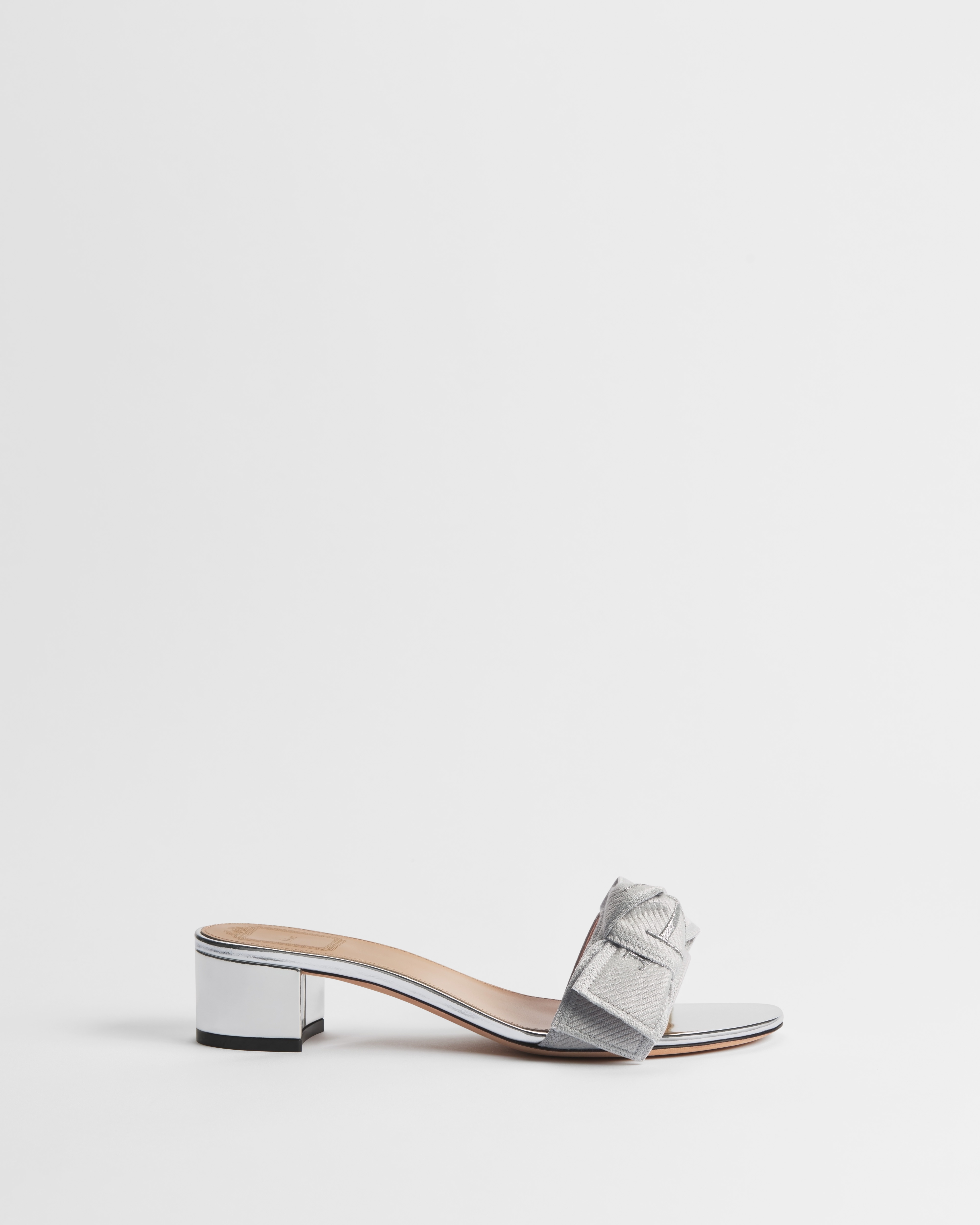 J'Adior Heeled Slide Ecru Embroidered Cotton with Silver-Tone and Ecru Metallic Thread E02