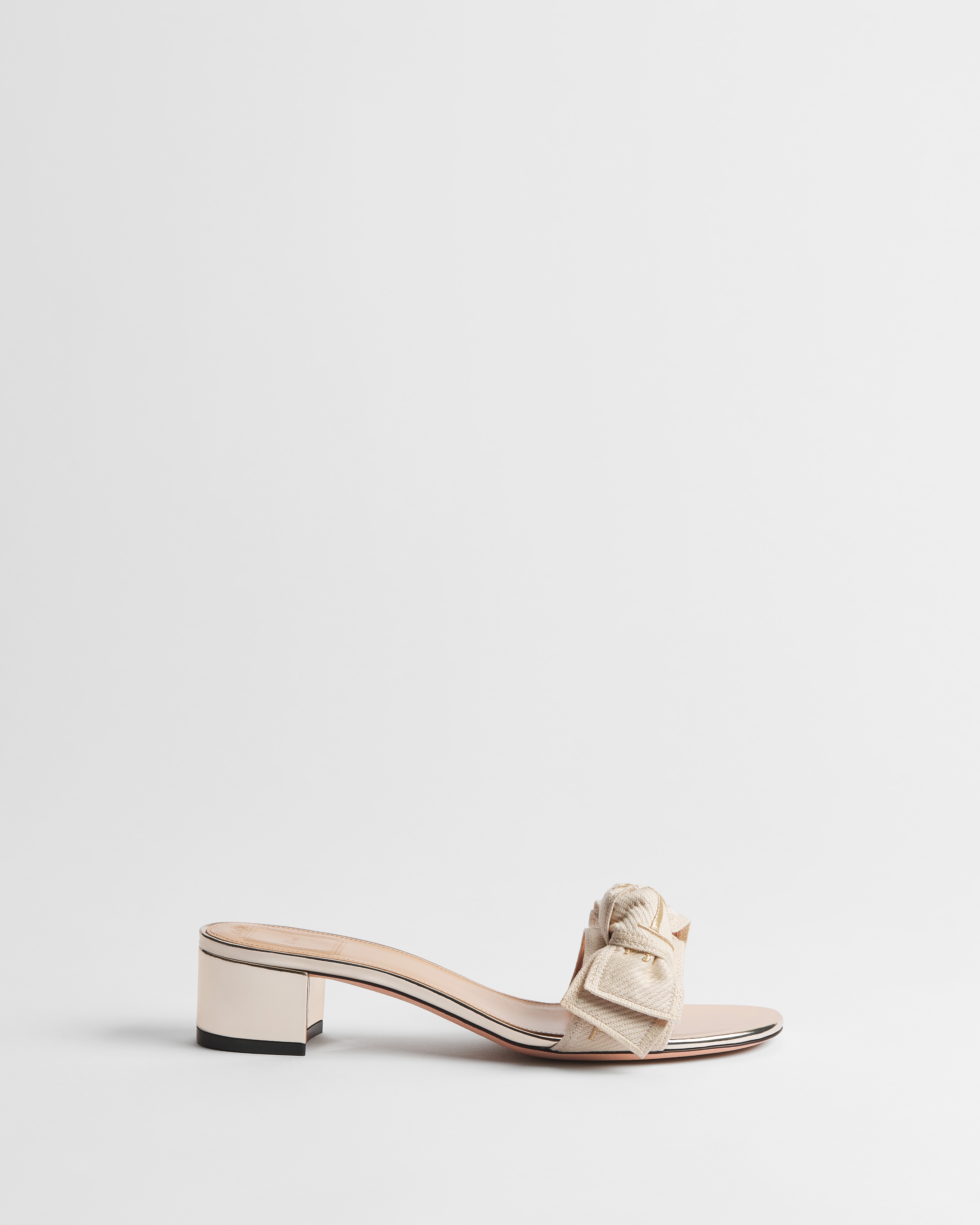 J'Adior Heeled Slide Ecru Embroidered Cotton with Gold-Tone and Ecru Metallic Thread E02